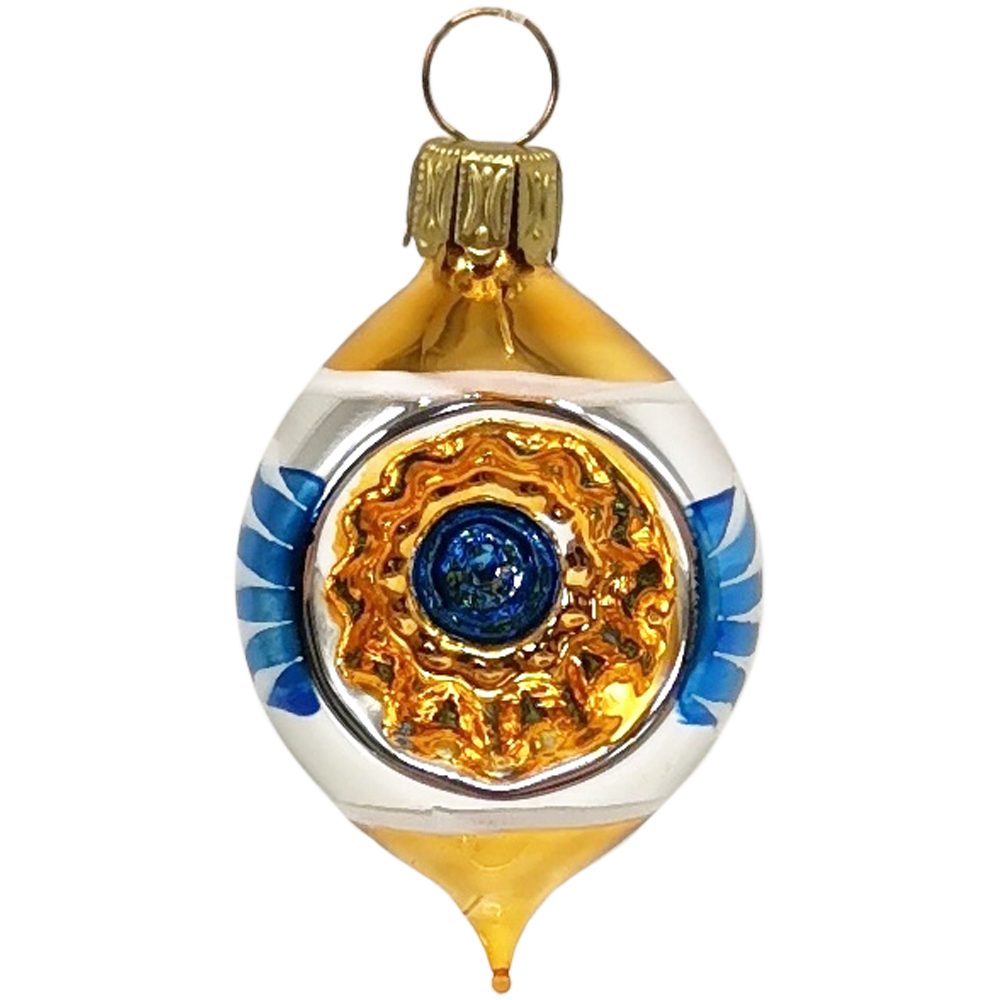 Schatzhauser Weihnachtsbaumkugel Retro Mini Reflexolive silber/blau/gold Ø 4cm/ 5,5cm (1 St), mundgeblasen, handbemalt