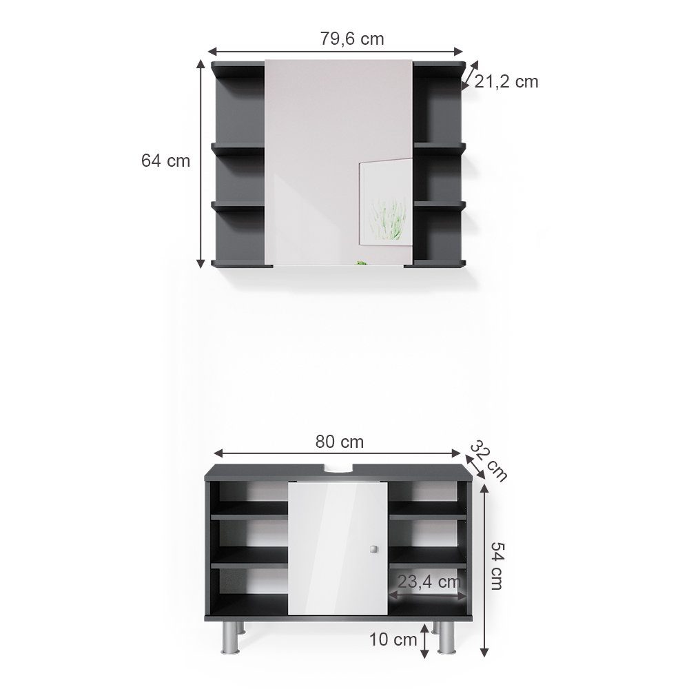 Vicco Badmöbel-Set Fynn, Anthrazit/Weiß, 2 Teile, Unterschrank 80 cm, (2-er Set, 2-St., 2er Set)