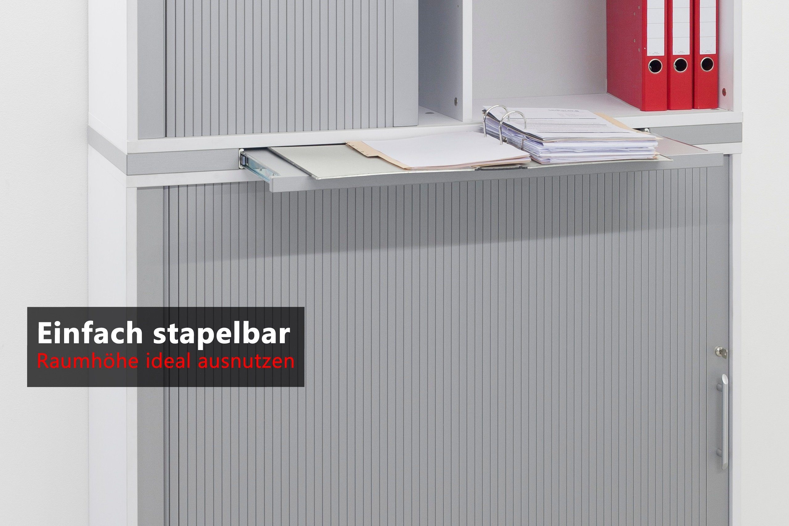 bümö office Rollladenschrank - 3 (Kunststoff) Streifengriff Weiß/Silber Aktenschrank Ordnerhöhen - Dekor: Griffe: