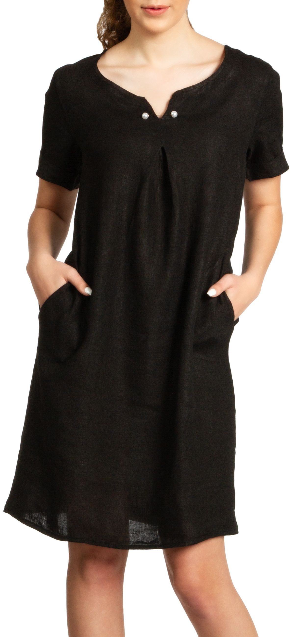 Sommerkleid SKL029 knielanges Damen Sommer Leinenkleid mit elegantem Perlen Dekor