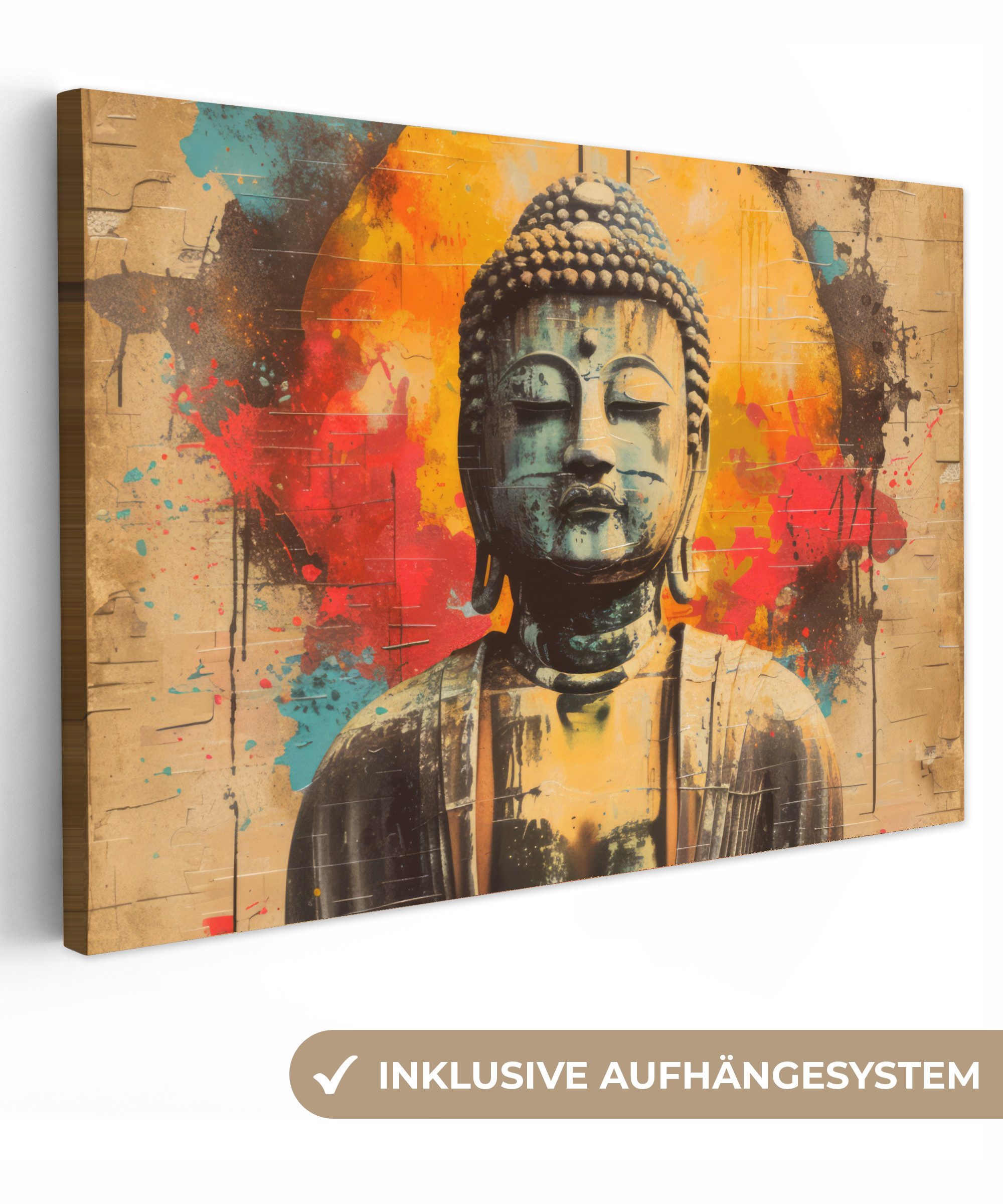 OneMillionCanvasses® Leinwandbild Buddha - Graffiti - Straßenkunst - Buddha-Statue - Buddha, Fotodruck (1 St), Leinwand Bilder Klein, Wand Dekoration Aesthetic 30x20 cm