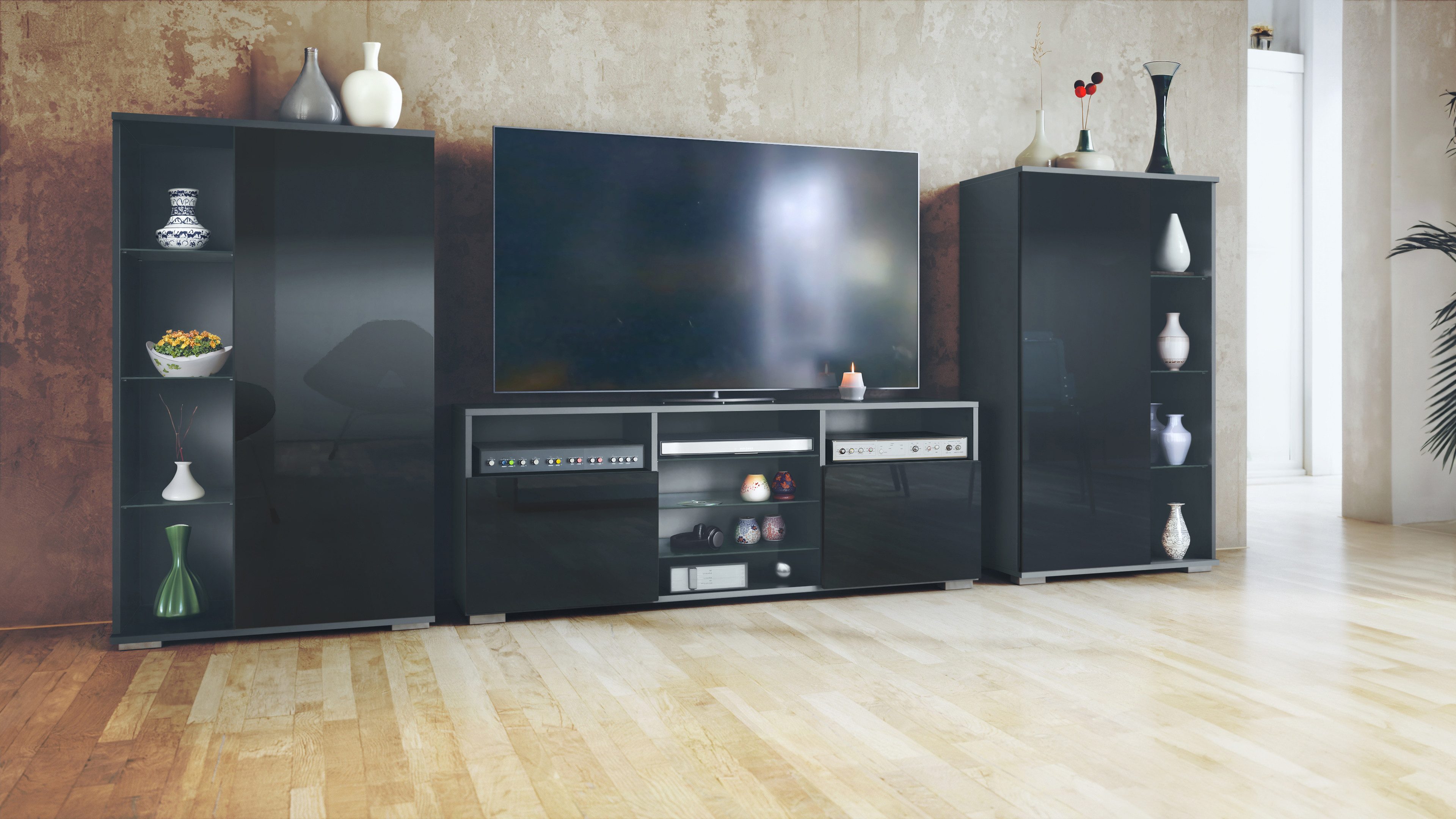 Vladon Wohnwand Davos, (Anbauwand, bestehend aus 2 Vitrinen und 1 TV-Board), Anthrazit matt/Schwarz Hochglanz (329 x 134 x 35 cm)