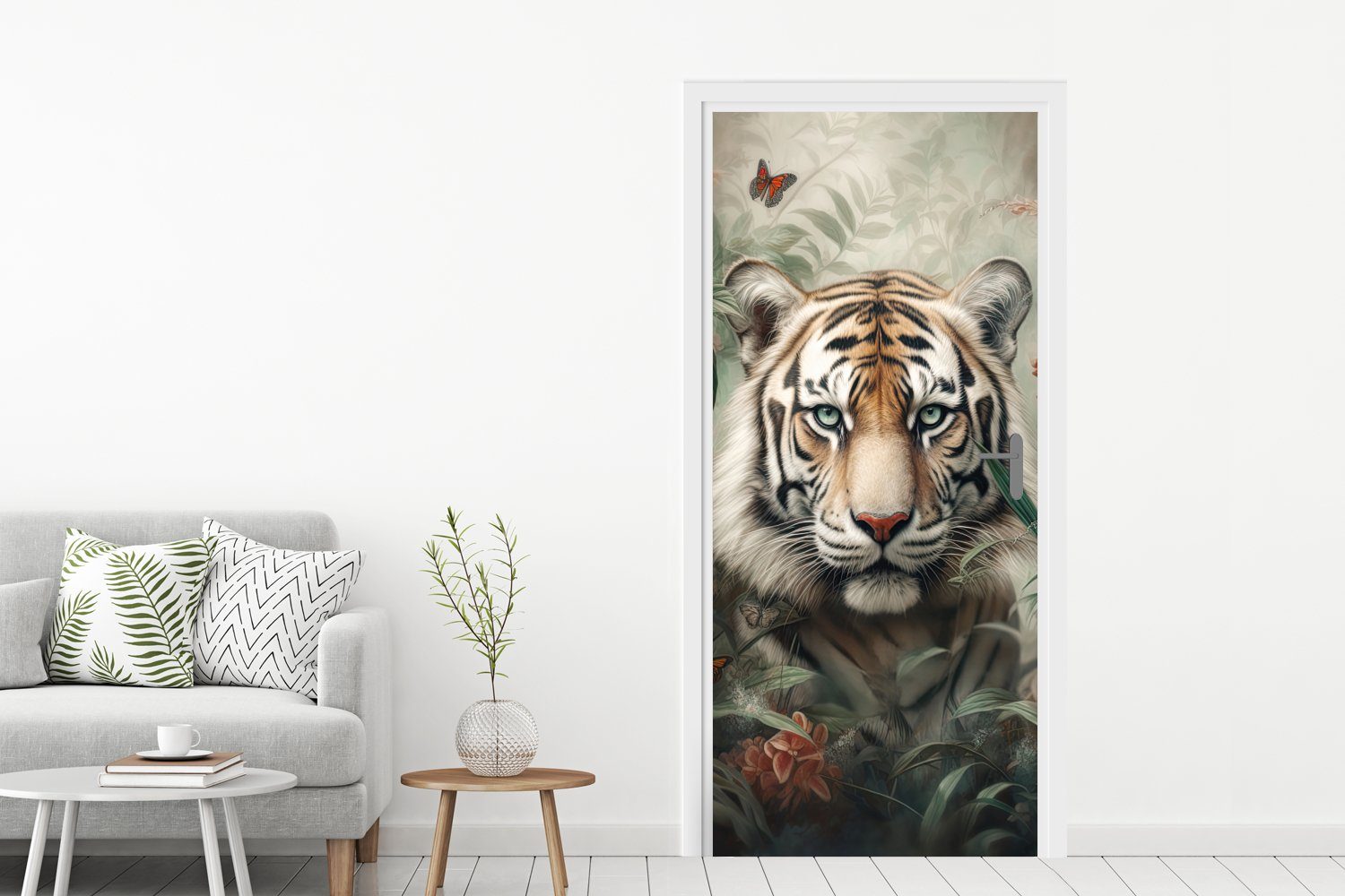 - - Tiger St), Fototapete Tür, Matt, Blumen, MuchoWow Türtapete Schmetterlinge Tiere Dschungel - 75x205 für Türaufkleber, bedruckt, - (1 cm
