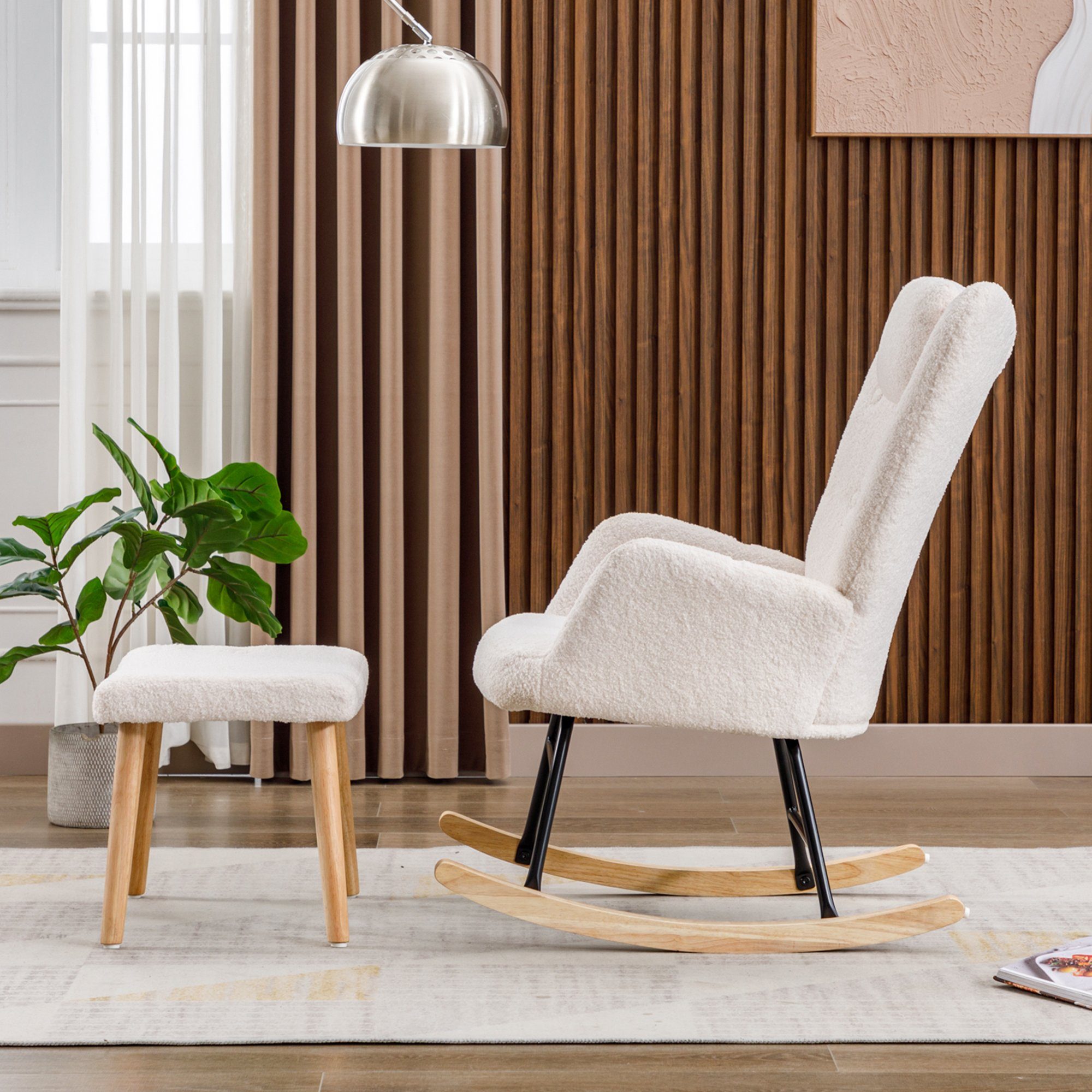 OKWISH Schaukelstuhl Bequemer weißer Schaukelstuhl (Weicher Teddyplüsch-Schaukelstuhl, 2 St), mit Kopfstütze und Fußstütze - Belastbarkeit bis 100 kg