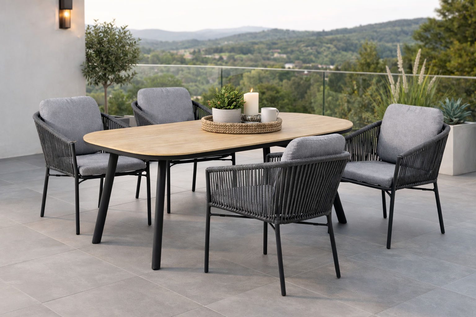 Destiny Garten-Essgruppe LUCCA SAN MARINO 4 Se + Tisch OV 180x90cm holzf./ taupe, (Set, 4 Stapelsessel inkl. Polster, 1 Tisch), Aluminium, Rope, Polywood