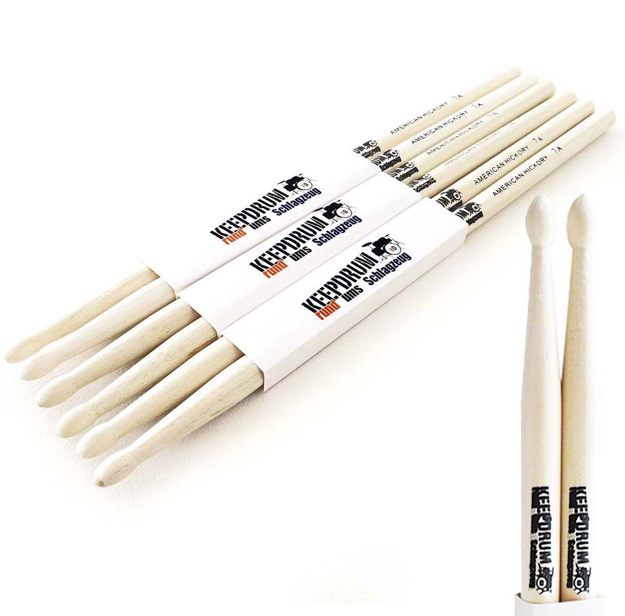 keepdrum Drumsticks keepdrum Schlagzeugstöcke 7A Hickory Drumsticks 3 Paar (Drumsticks, Drumsticks), 7A Hickory Drumsticks 3 Paar