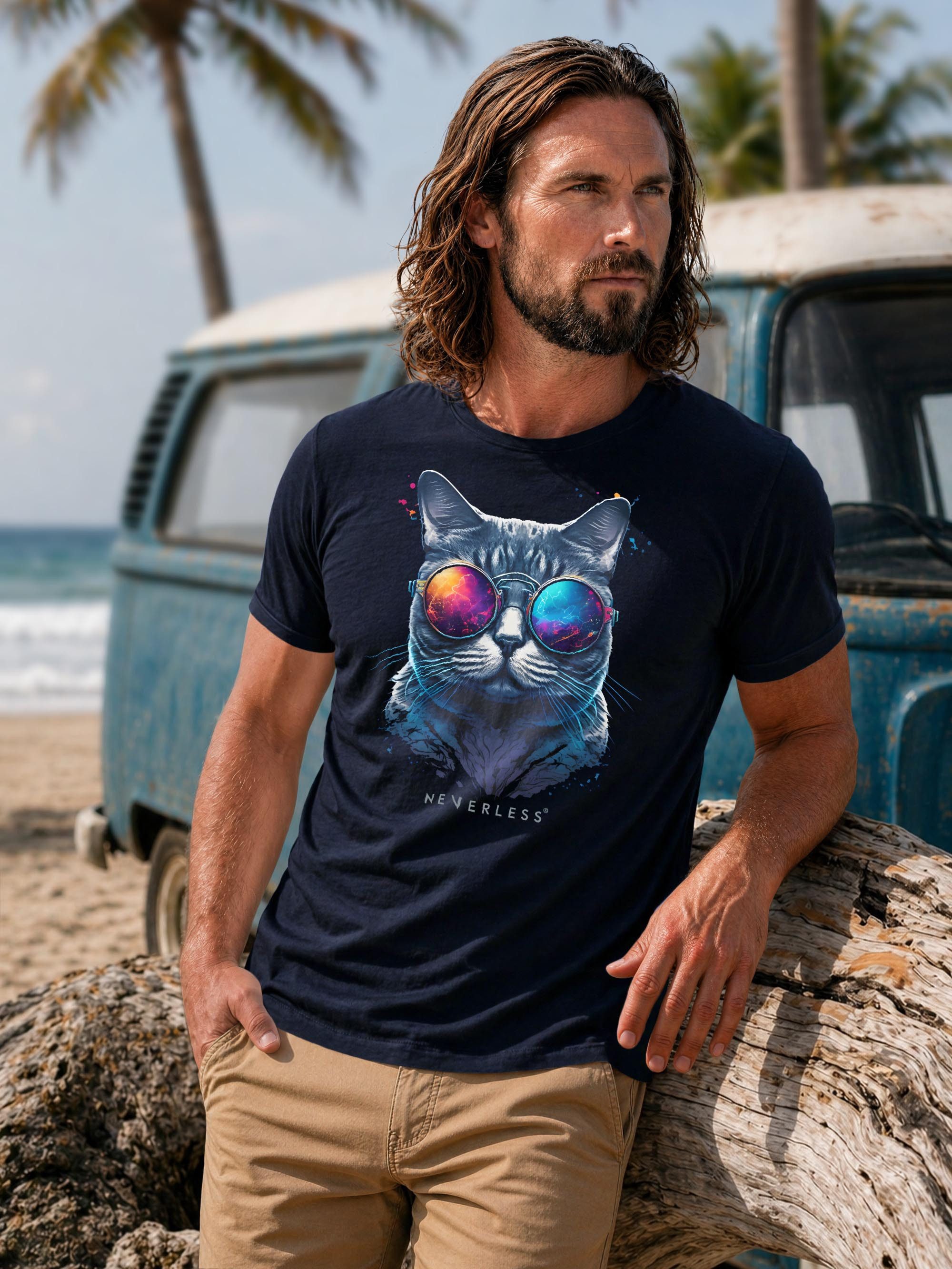 Neverless Print-Shirt Herren T-Shirt Aufdruck Katze Cat Sommer Sonnenbrille Style Fashion mit Print