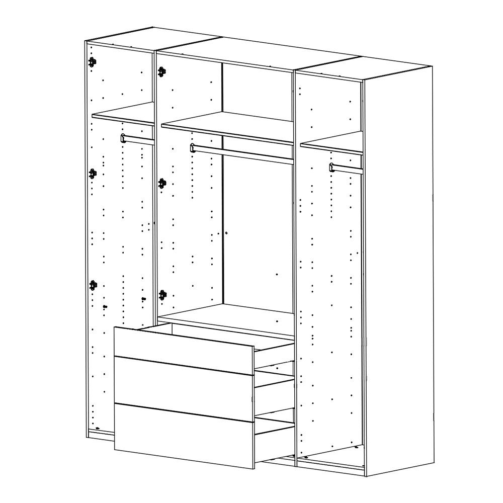Lomadox Kleiderschrank DAVENPORT-43 200cm, 4 Nb. 3 Spiegeltüren), Türen Eiche mit Stahl (2 Schubladen
