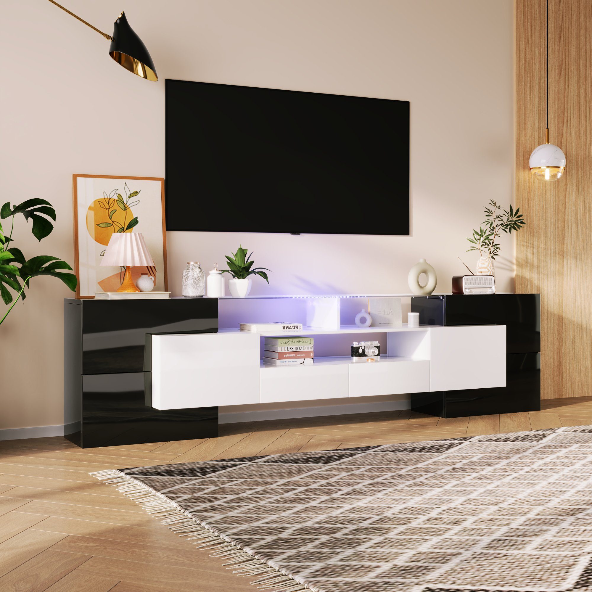 TV (Weiß+Schwarz, modernes Lowboard Schwarz+Weiß 200 cm, 1-St) LED-Beleuchtung, TV-Schrank Design OKWISH Wohnzimmermöbel. Schrank