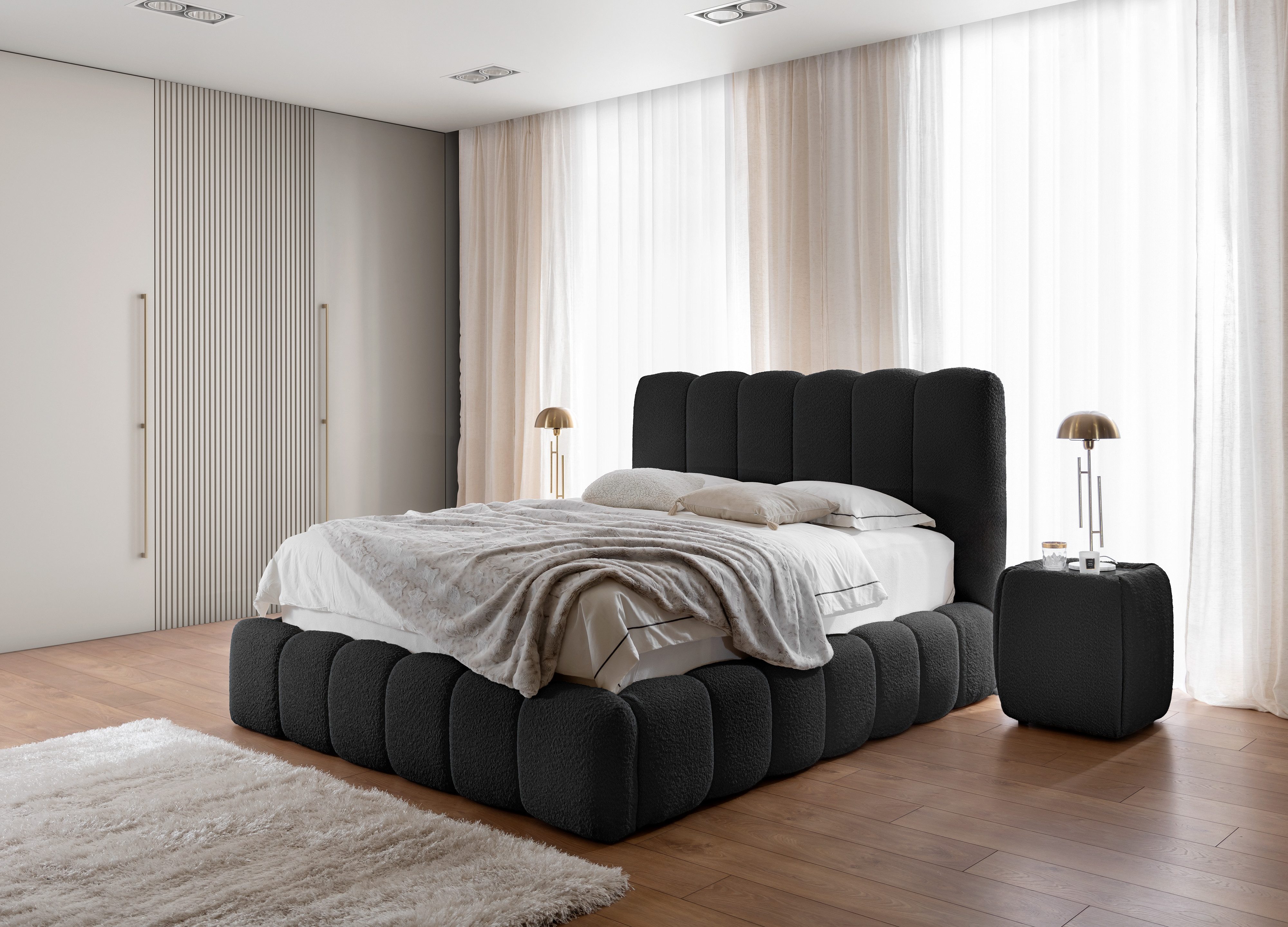 yourhouse24 Polsterbett Cande Bouclé, hohes Kopfteil & Rillen-Design, Luxus Wolkenbett mit Bettkasten & Lattenrost