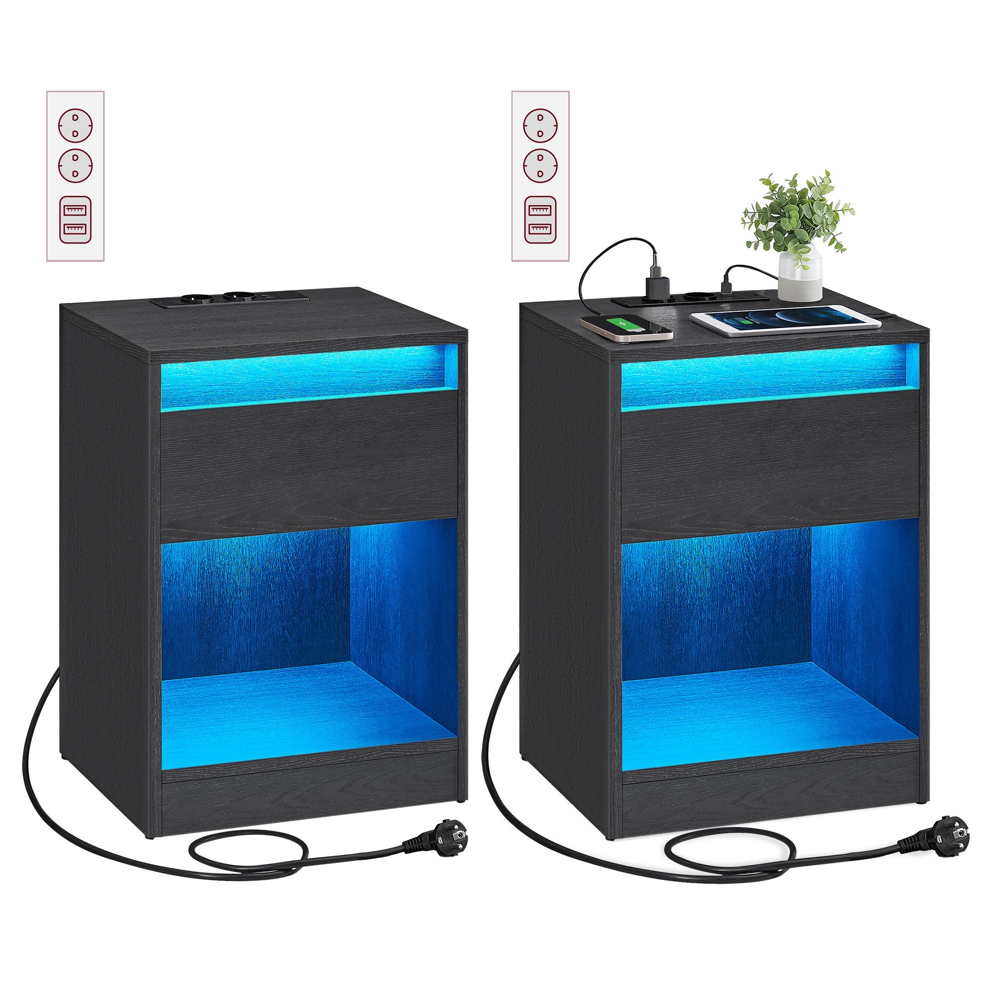 VASAGLE Nachttisch mit einstellbarer LED-Beleuchtung, für Schlafzimmer, Wohnzimmer (2-St), Beistelltisch mit 2 AC-Steckdosen, 2 USB-Anschlüsse, modern, 2er Set
