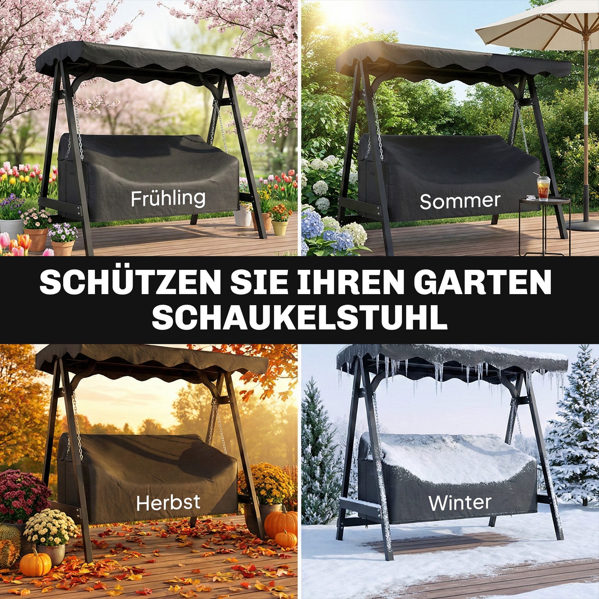 Outsunny Gartenmöbel-Schutzhülle Hollywoodschaukel Abdeckung, Winddicht, 185 x 76 x 81 cm Schwarz (UV-Beständig Abdeckplane, 1-St., für 3-Sitzer Gartenschaukel) – Bild 4 von 5