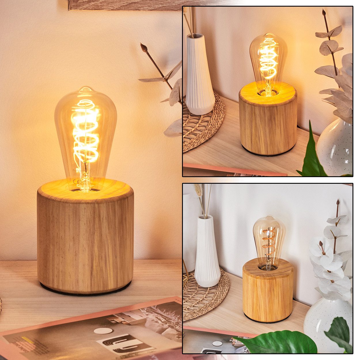 Tischleuchte Tischlampe aus Holz in Naturfarben/Schwarz