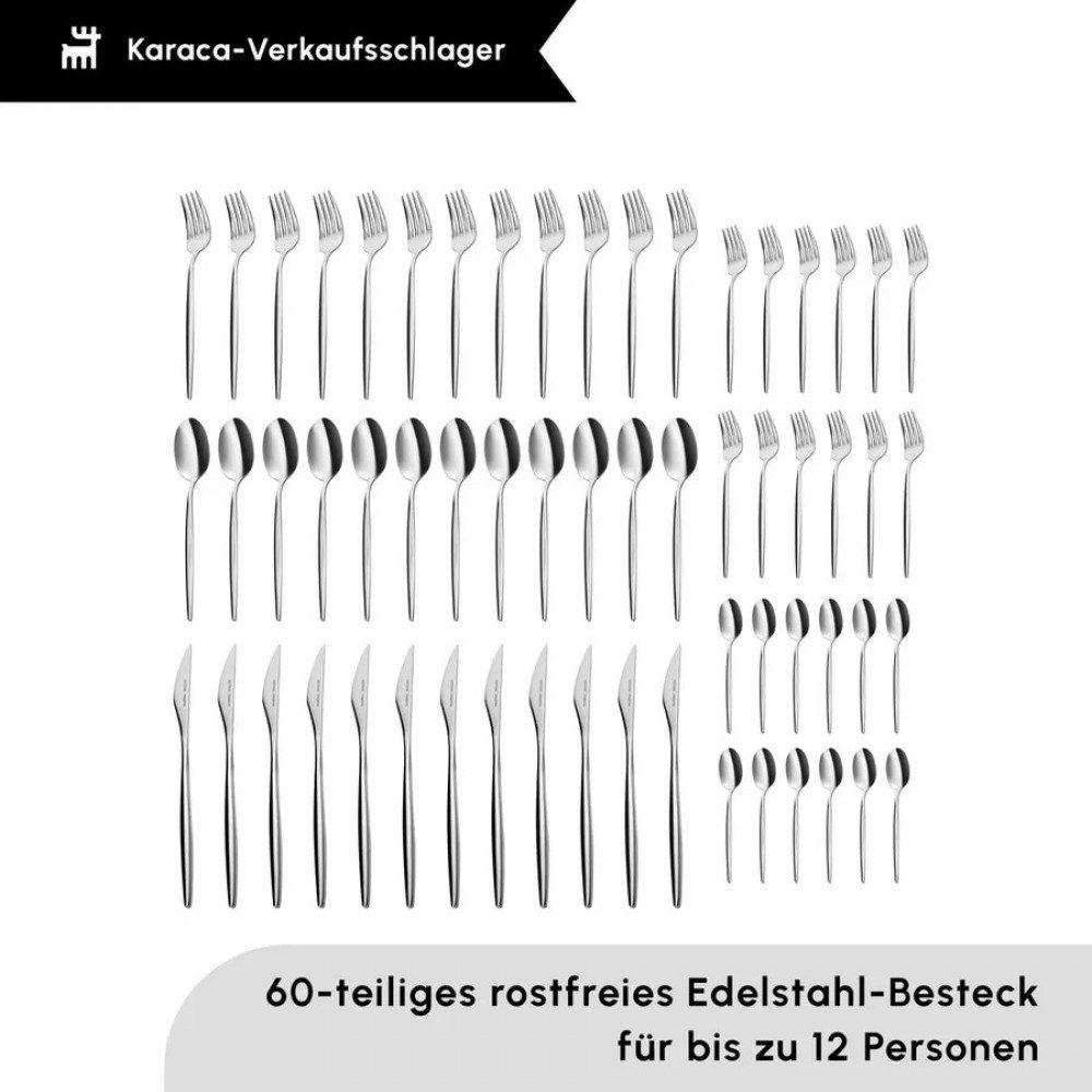 Karaca Besteck-Set Karaca Lizbon Besteckset 60 teiliges für 12 Personen Besteck Set (60-tlg), 12 Personen, Stahl, Besteck Set mit Messer Gabel Löffel Edelstahl Spülmaschinenfest