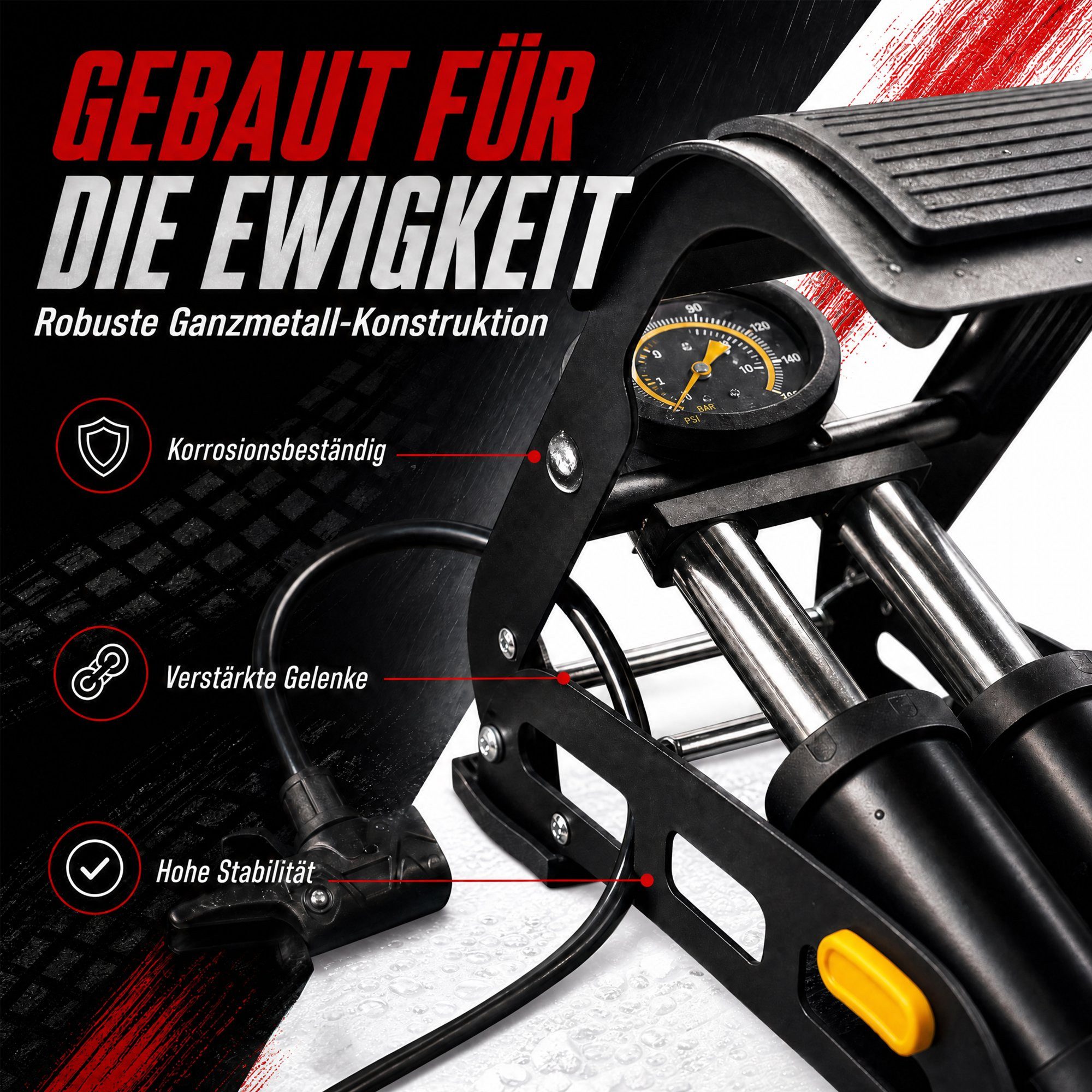 Pitlane Performance Luftpumpe KFZ & Fahrradpumpe alle Ventile Fußpumpe (1-tlg., Tritt Fuß-Pumpe für E-Bike, Auto, Motorrad & Ball, inkl. 3 Adapter), bis 11 Bar  – Bild 5 von 5