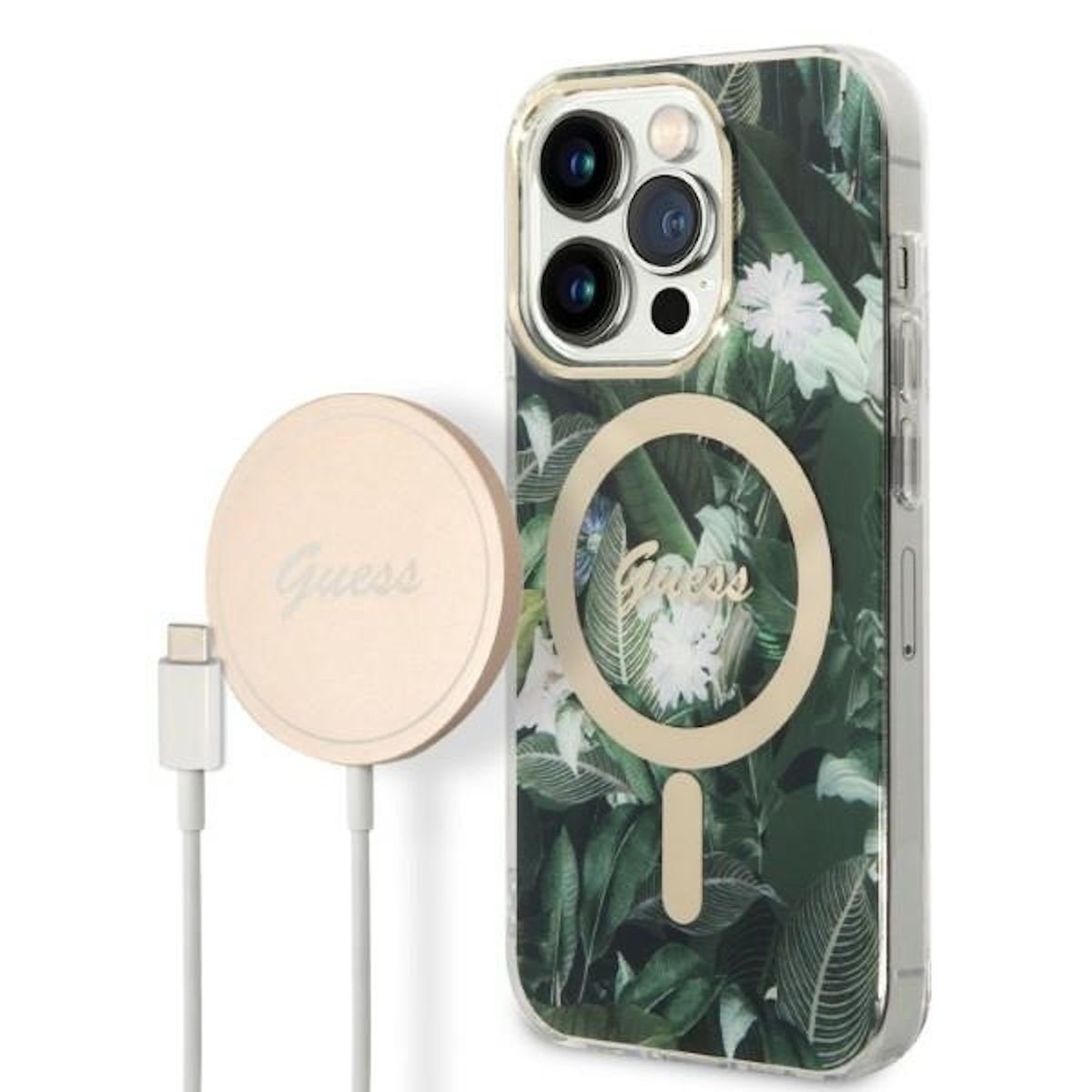 Guess Handyhülle GUESS Schutzhülle für Apple iPhone 14 Pro Hard Case Jungle MagSafe Cover Etui Grün