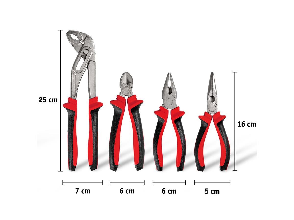 WALTER Zangenset Zangen-Set 4-teilig, 4-tlg., Wasserpumpenzange, Seitenschneider, Kombinationszange, Spitzzange
