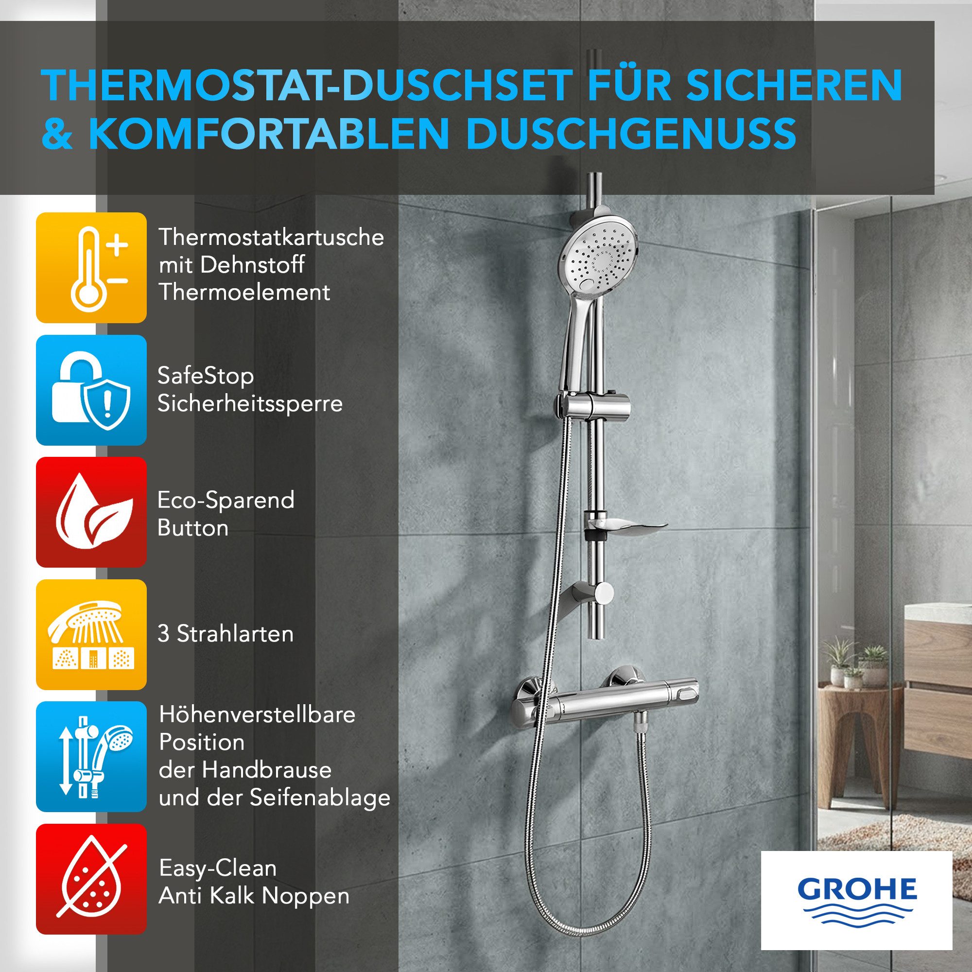 Grohe Duscharmatur Precision Flow Thermostat Set mit Aloni Duschgarnitur 3 Strahl Chrom (Spar-Set) ohne Regendusche, 3 Strahlarten mit SafeStop Sicherheitssperre bei 38°