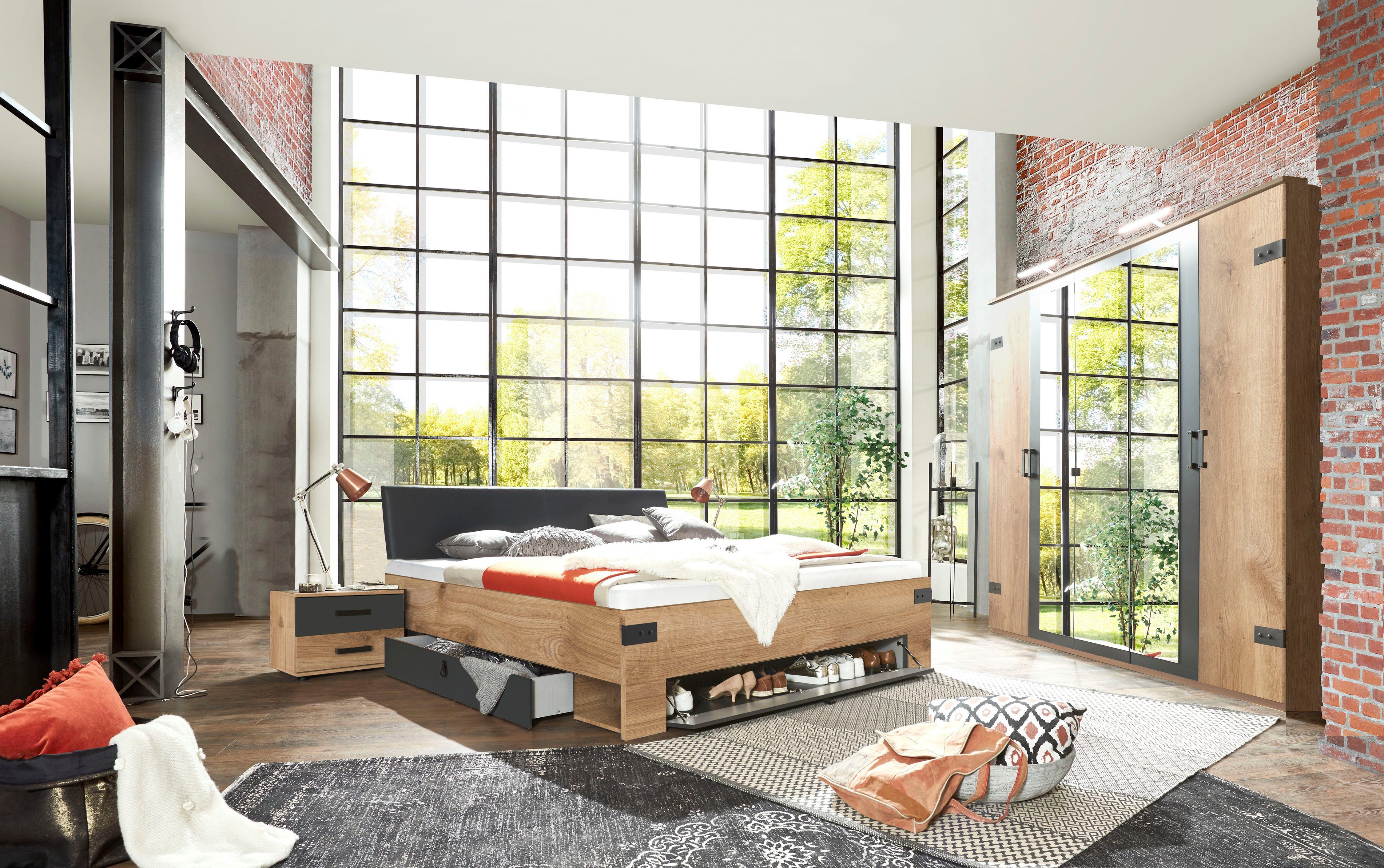 Wimex Schlafzimmer-Set Stockholm, rustikaler Look im Industrial Design, (Set), 6-teilig, Kleiderschrank mit Spiegel, Bett inklusive Schubladen