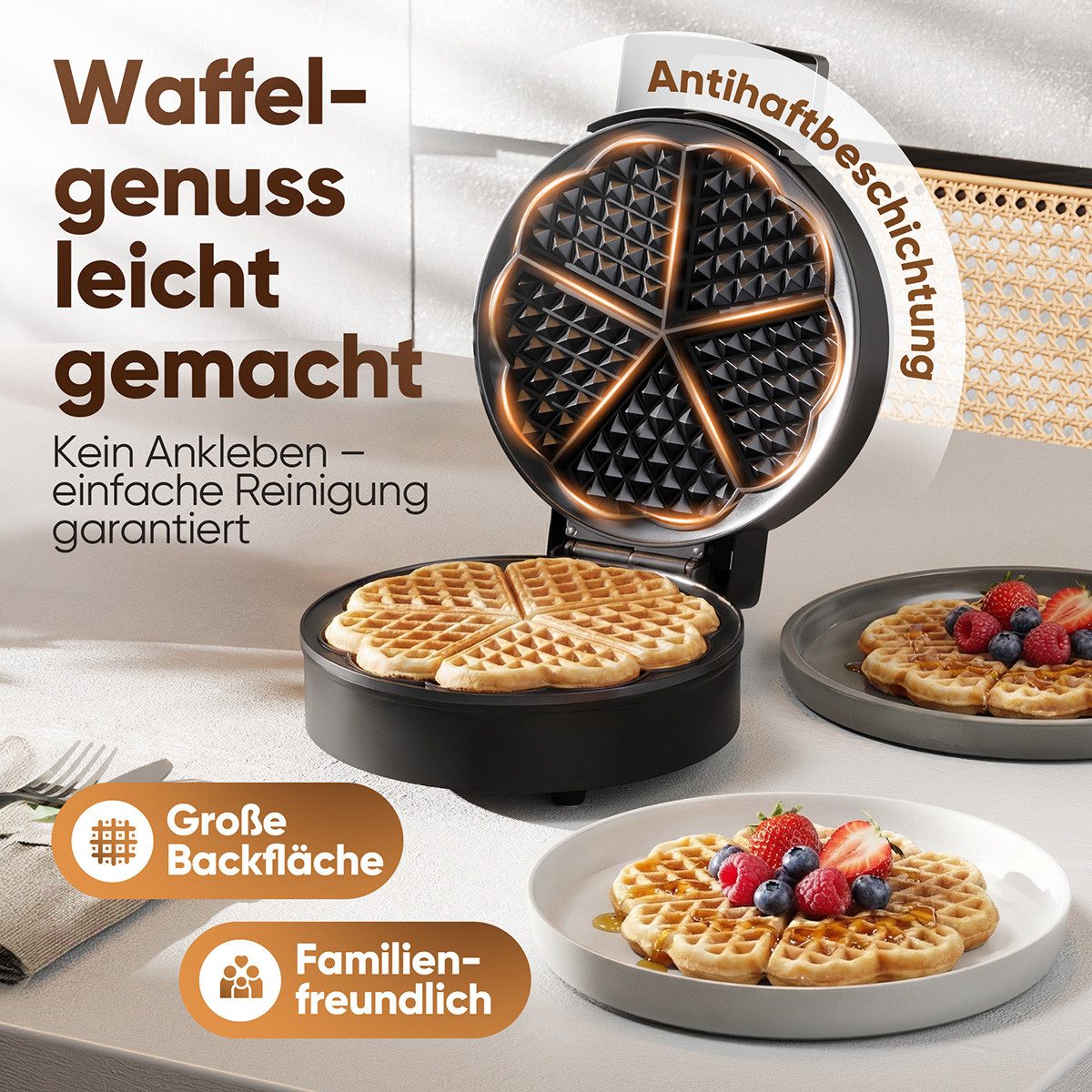 ProfiCook Waffeleisen PC-WA 1314, Waffeleisen Herzform, Antihaftbeschichtung, 1200W