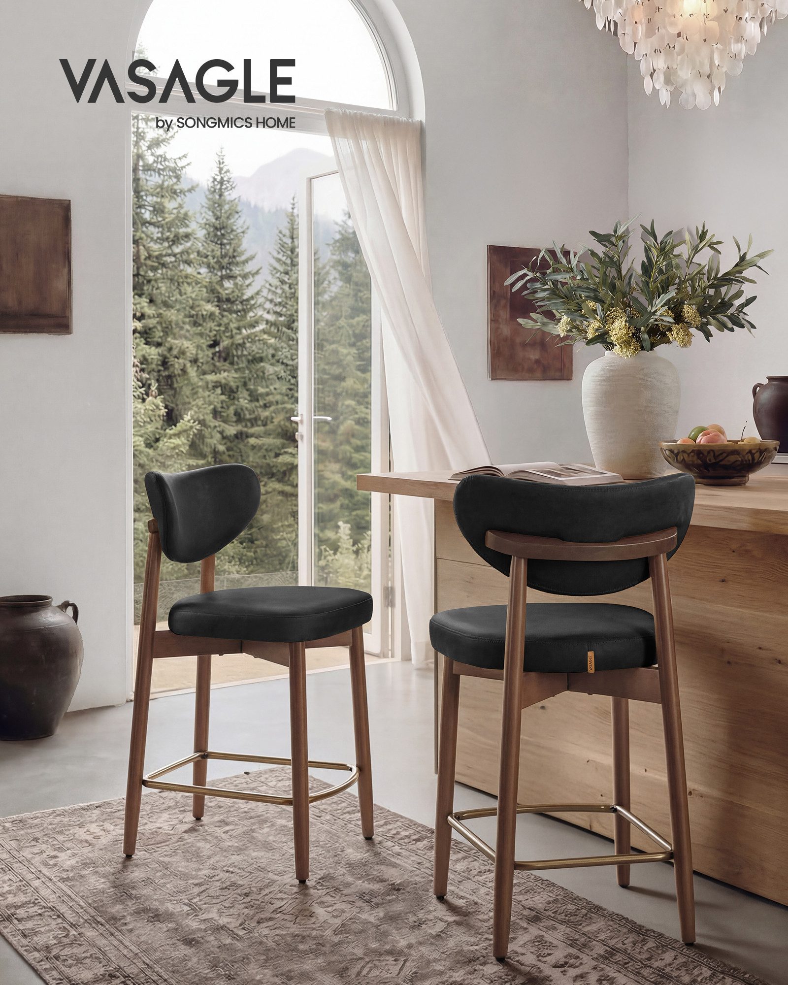 VASAGLE Barhocker Barstuhl, Polsterstuhl, Küchenstuhl, mit Massivholzbeinen (4 St., 4er), ergonomischer Rückenlehne, Mid-Century-Modern-Stil, 4er Set