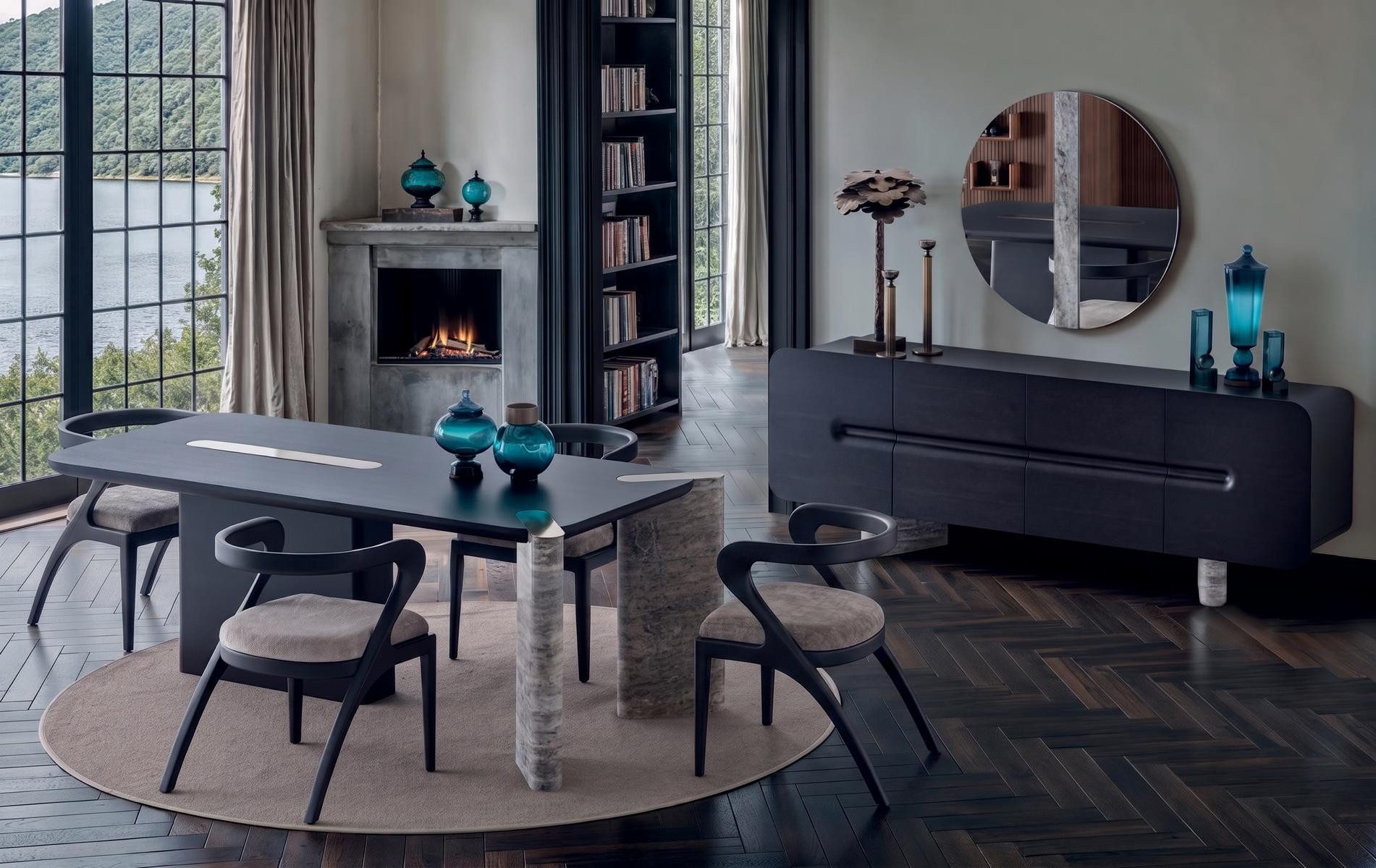 JVmoebel Esszimmer-Set Essgruppe Tisch 4 Stühle Sideboard Spiegel Schwarz Luxus Design, (7-St), Made in Europa