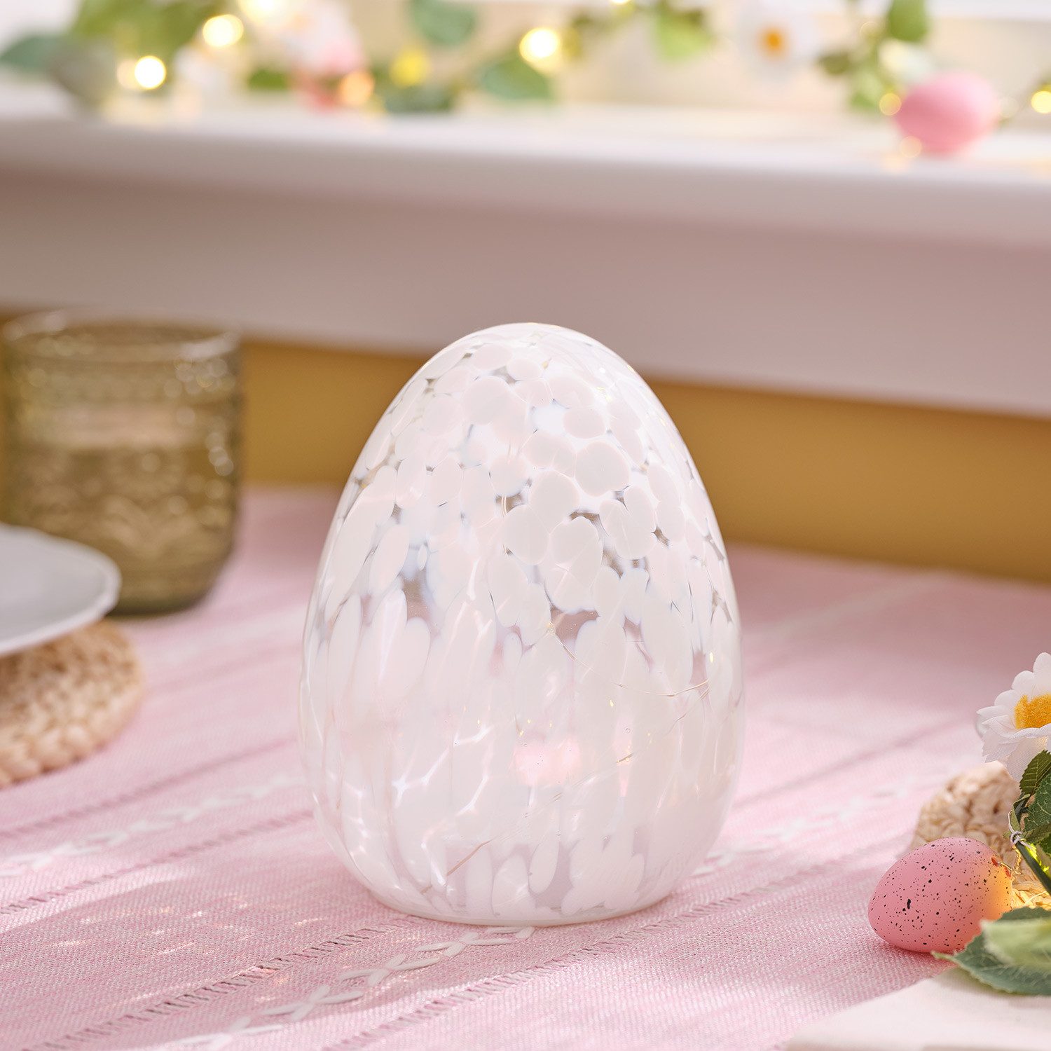 Lights4fun Osterei Weißes LED-Osterei aus Glas mit Konfettieffekt & Timer