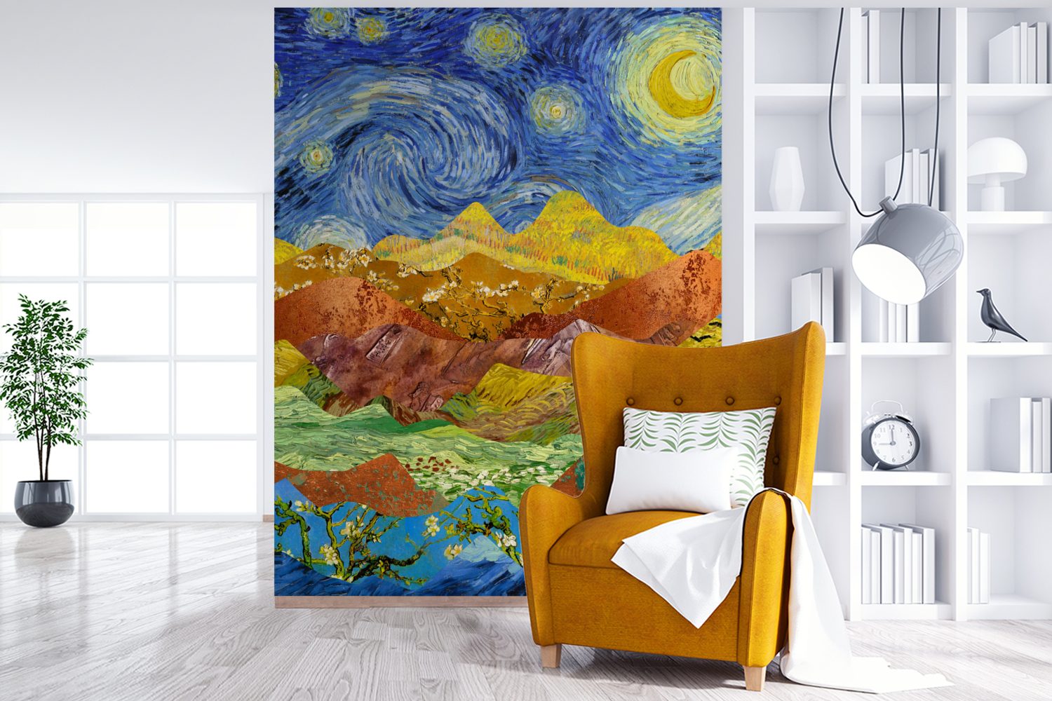 Montagefertig Van Gogh Alte Sternennacht bedruckt, (4 St), - Meister, Tapete Wandtapete MuchoWow Matt, Vinyl Wohnzimmer, Fototapete - für