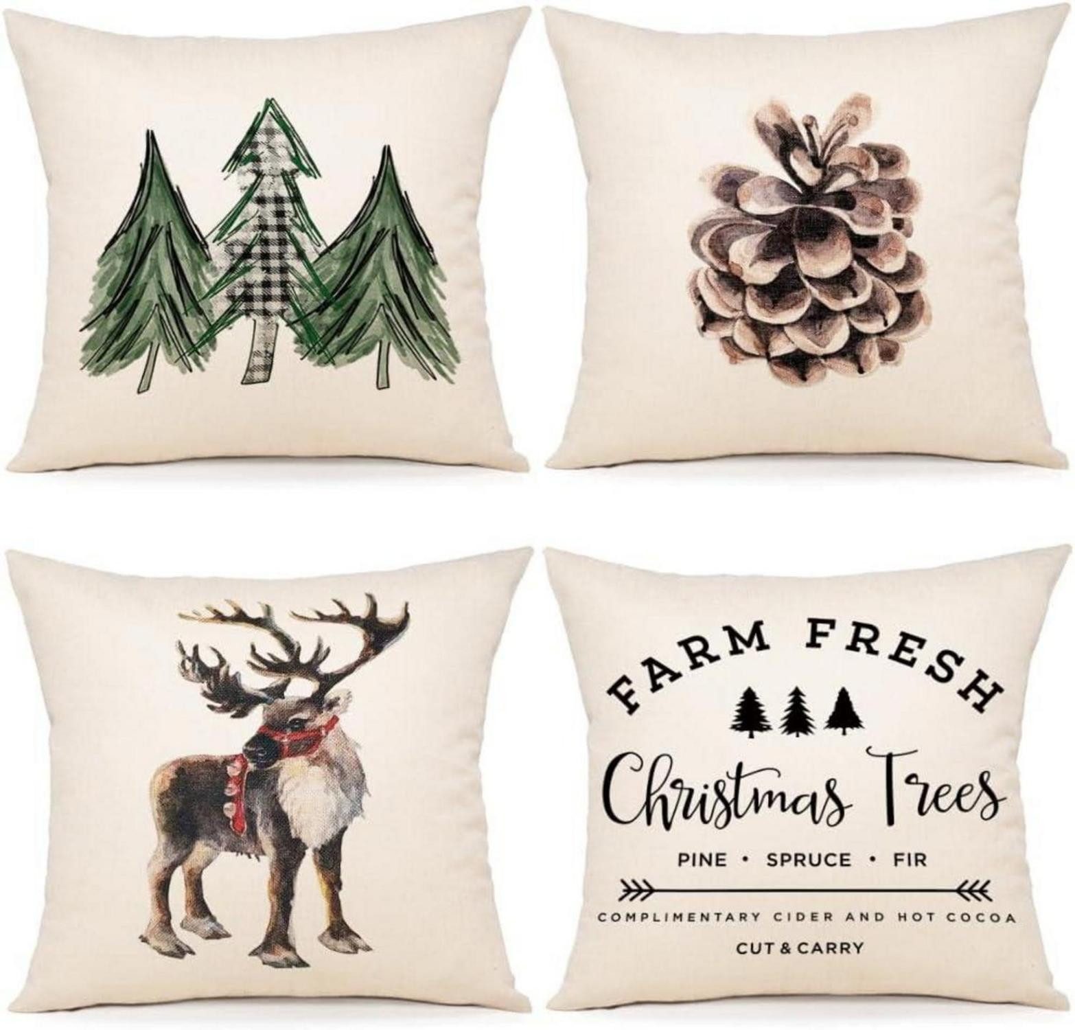 Dekohänger Weihnachten Kissenbezug 45x45 4er Set Leinen Dekokissen Sofa