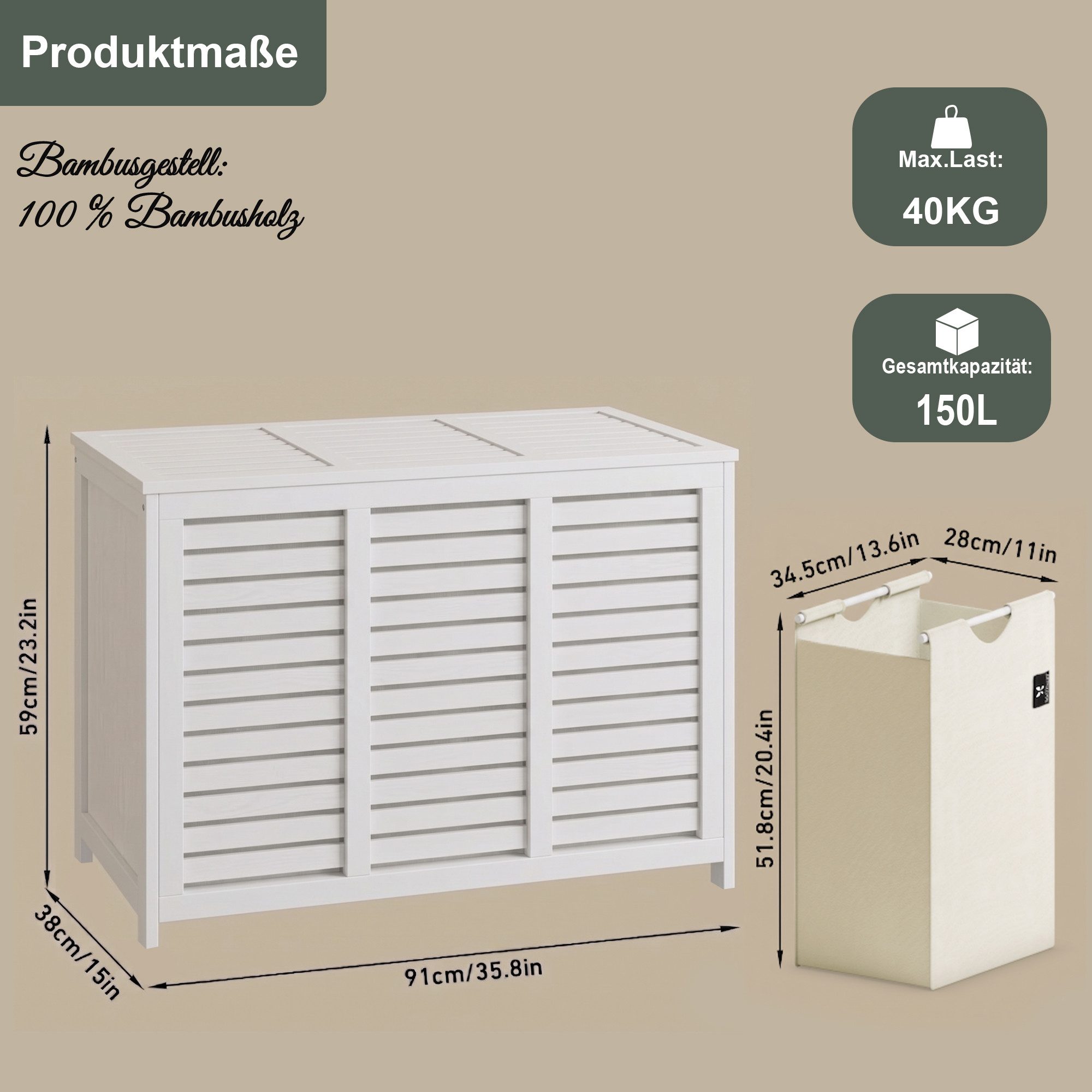AdelDream Wäschekorb 150L Großer Wäschesammler 3 Fächer Gestreiftes Design