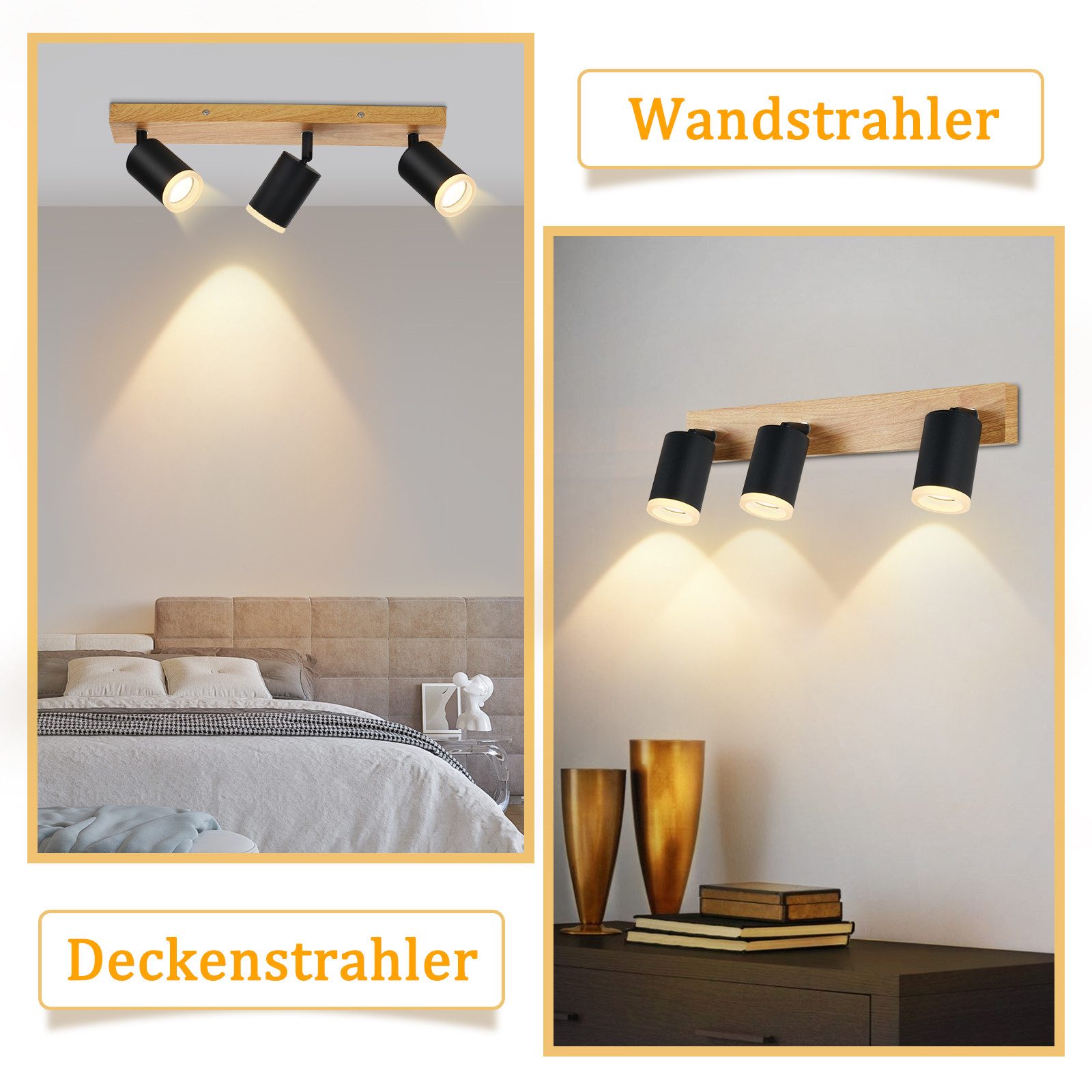 Nettlife Deckenstrahler Schwarz/Weiß GU10 Holz Vintage Deckenspots Küchenlampe, Schwenkbar, LED wechselbar, 350°Drehbar Flur Strahler Industrial für Wohnzimmer Schlafzimmer Küche