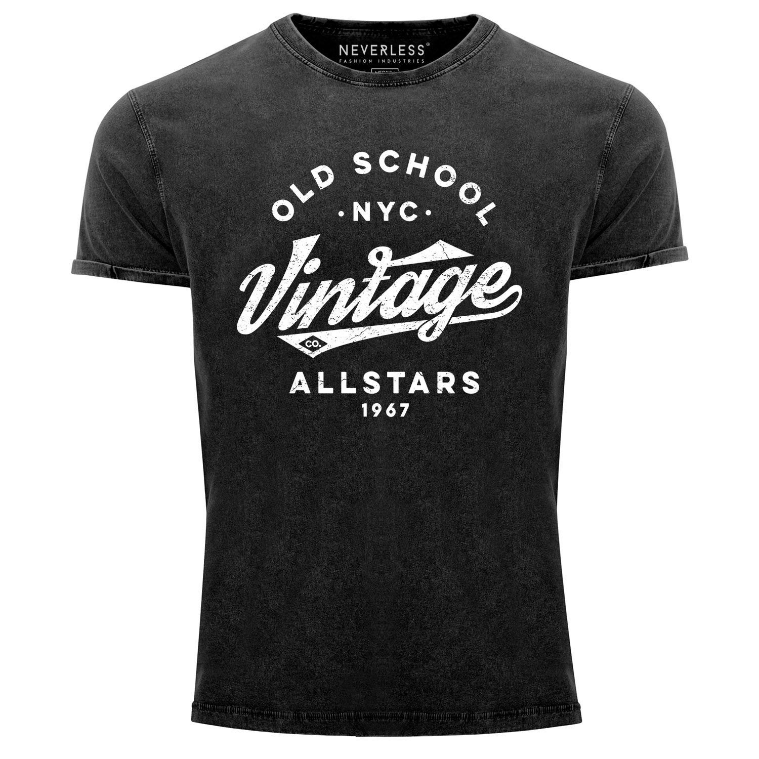 Neverless Print-Shirt Herren Vintage mit NYC School Used Fit Look schwarz Schriftzug Neverless® Shirt Allstars Printshirt Retro Old Print Design Slim