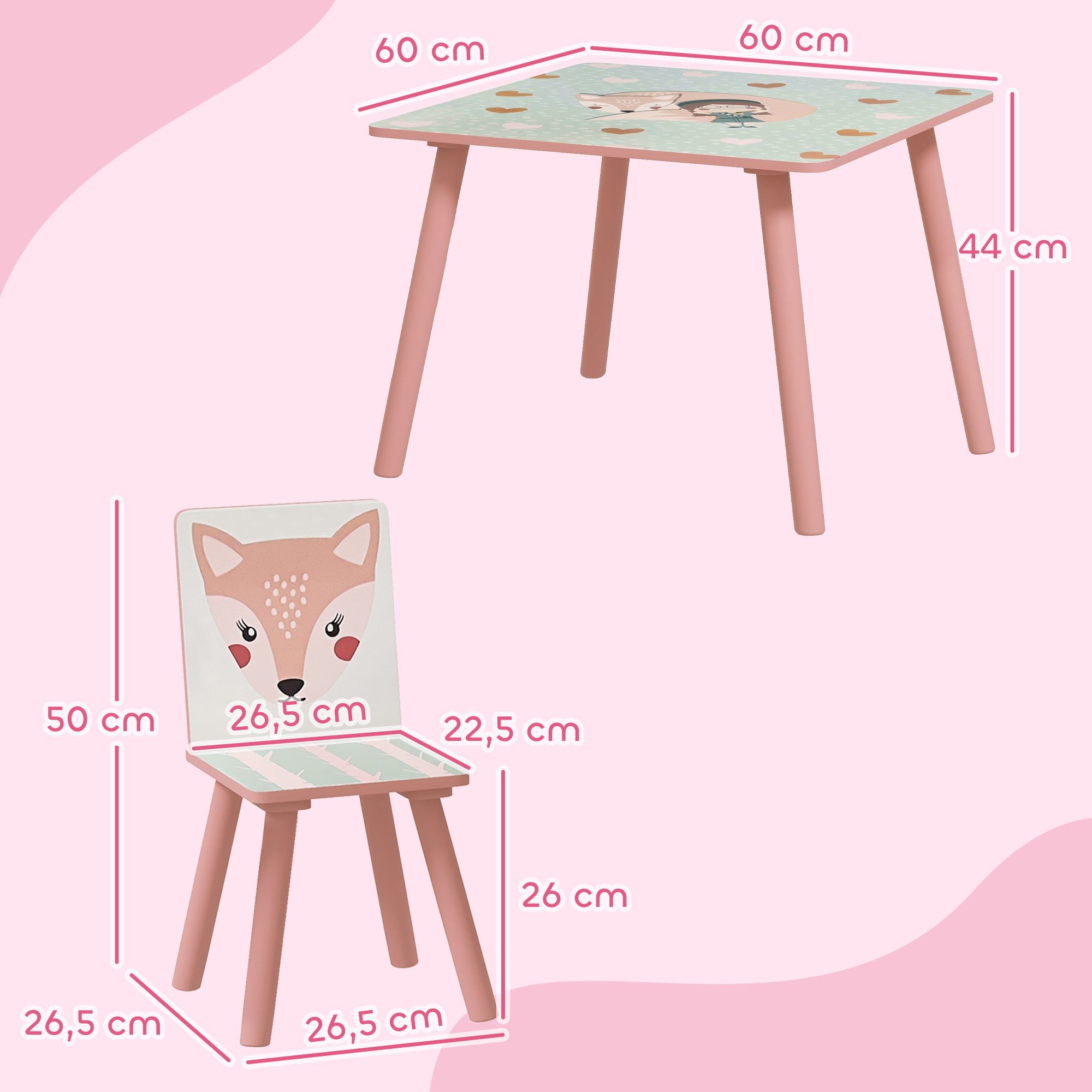 ZONEKIZ Kindersitzgruppe Kindertisch mit Tiermotiv, Kindermöbel für Kinderzimmer, (Kindermöbel, 3-tlg., Tische mit Stühlen für Kinder), mit Tiermustern, Rosa – Bild 3 von 5