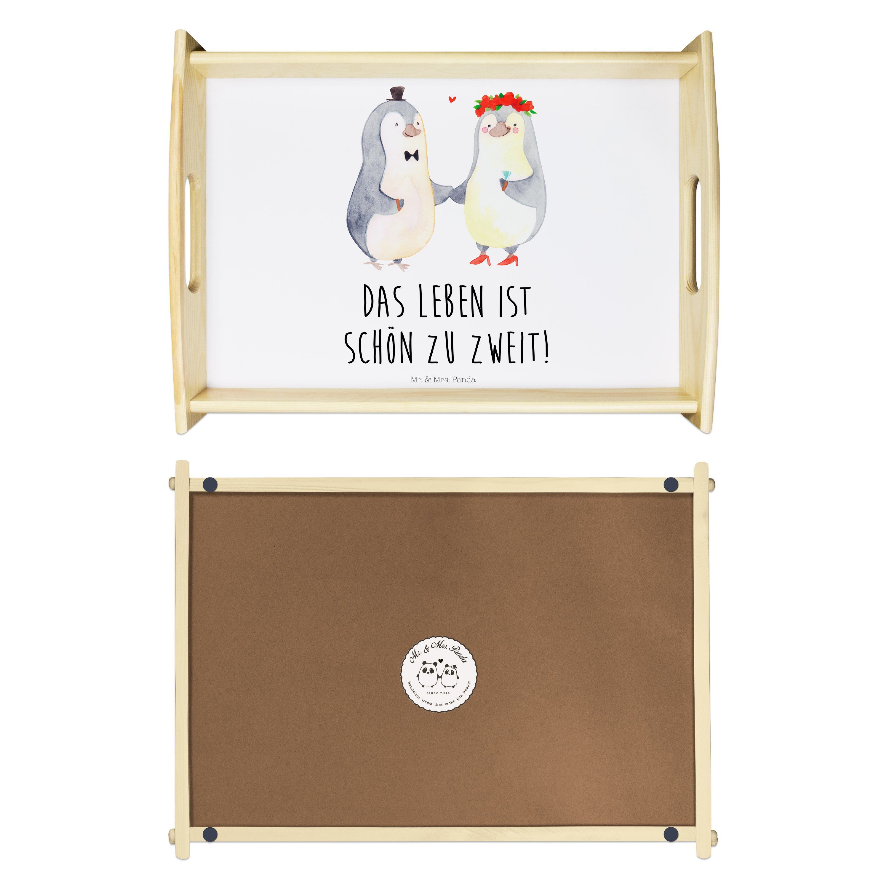 Mr. & Mrs. Panda Tablett Pinguin - Dekotablett, Heirat Frühstückstablett, Lie, - lasiert, Echtholz Weiß Geschenk, (1-tlg)
