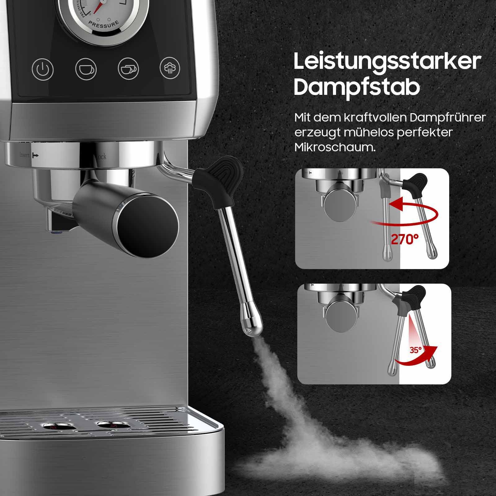 AIMAX Espressomaschine CM1665 mit Manometer, Klein Halbautomatische Kaffeemaschine, 20 Bar, Filter aus Edelstahl 51mm, 10mm Milchschaumdüse, Tassenwärmer, Edelstahlgehäuse, Touch-Bedienung