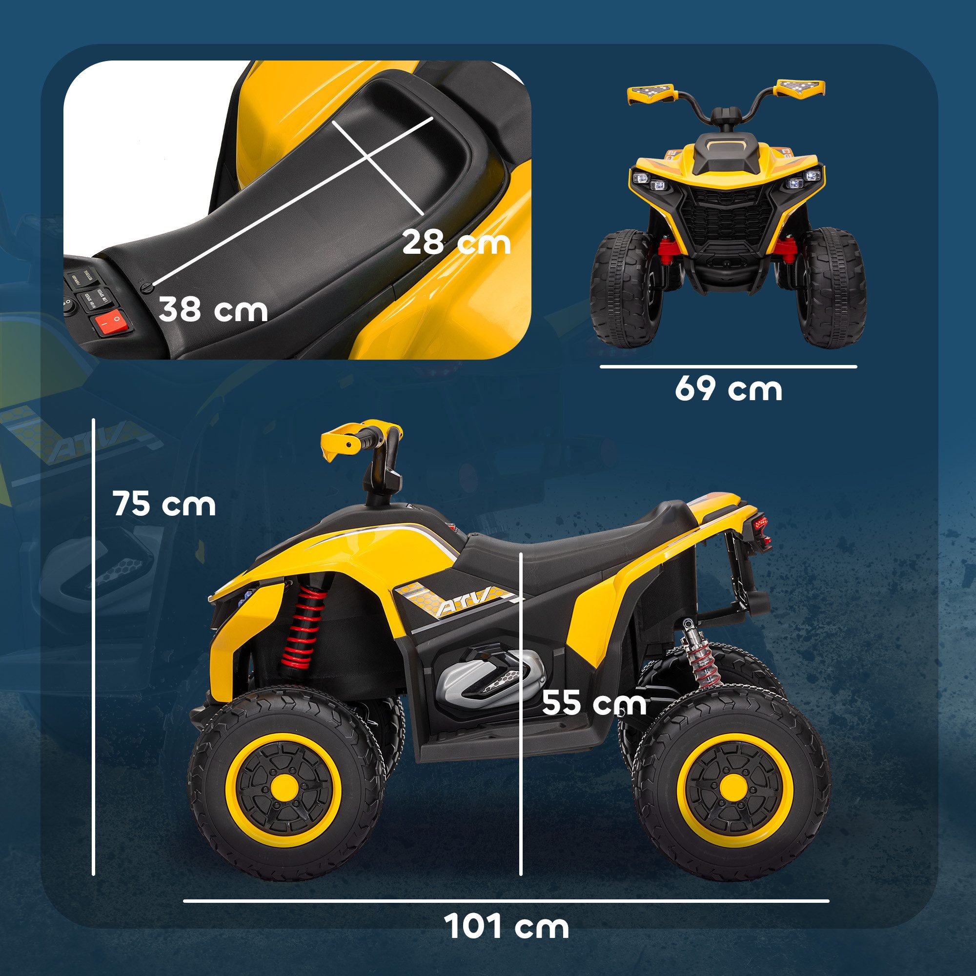 AIYAPLAY Elektro-Kinderquad 12V Elektro Kinderquad mit Vorwärts-& Rückwärtsgang, Belastbarkeit 50 kg, (1-tlg), Kinderauto mit USB, Musik für 3-8 Jahre Kinder, Gelb