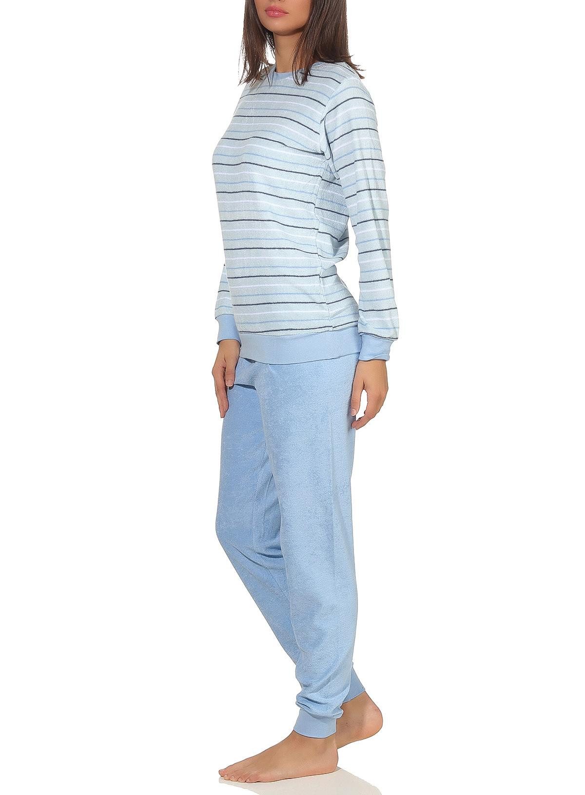 Pyjama Damen Frottee Pyjama langarm mit Bündchen in Streifenoptik