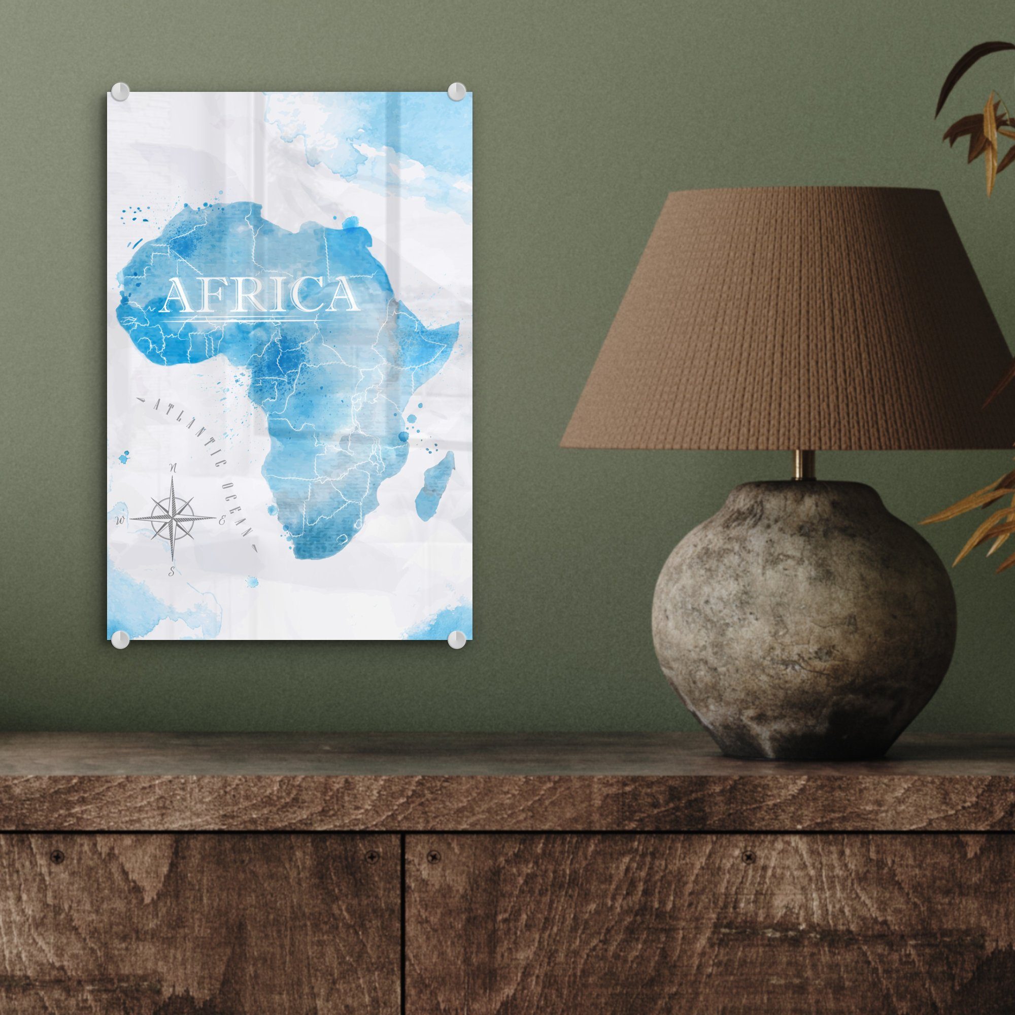MuchoWow Acrylglasbild Karten Bilder Glasbilder Wandbild (1 Wanddekoration Aquarell, - auf Glas - St), - auf Glas Afrika - Foto 