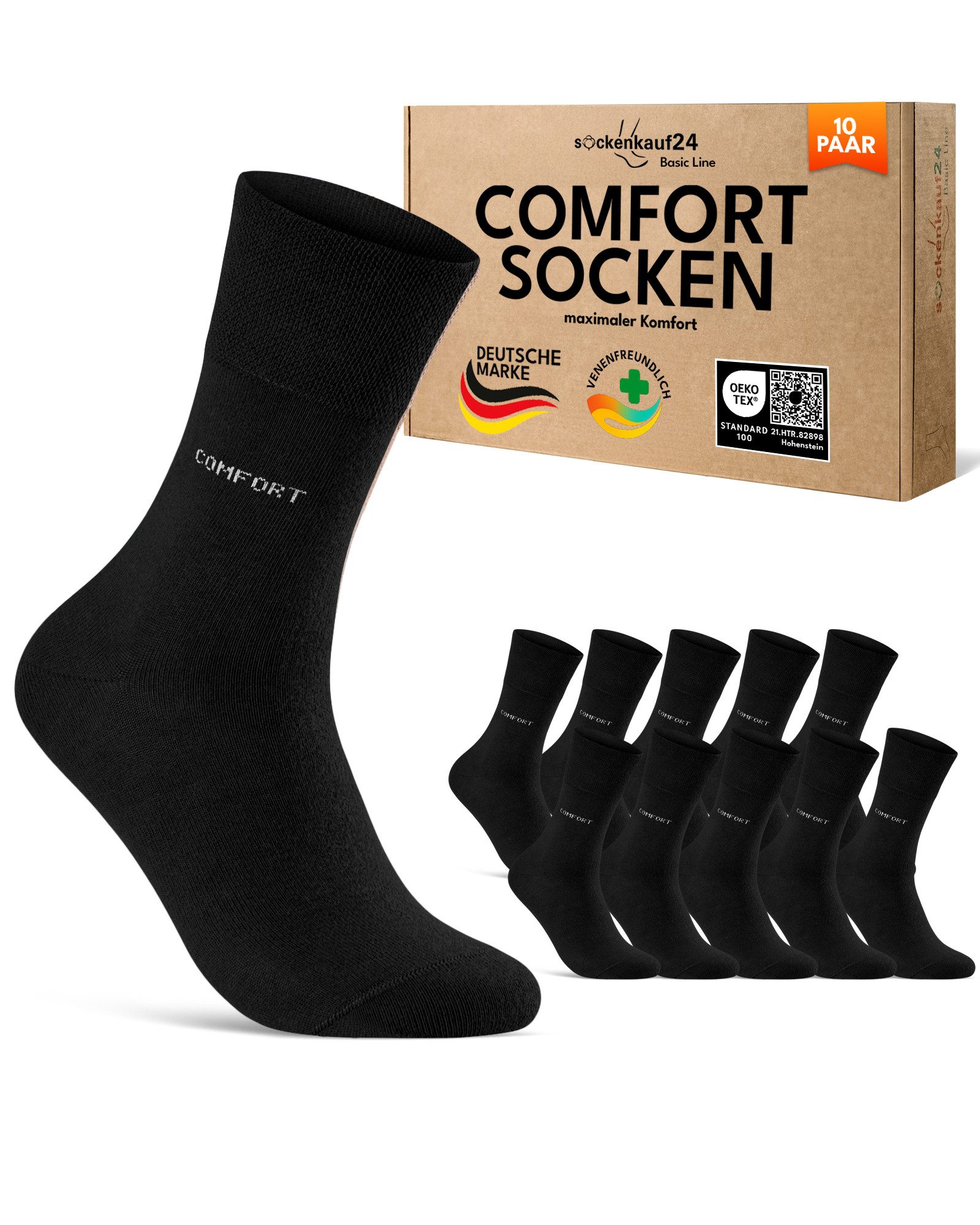 sockenkauf24 Gesundheitssocken Comfort Socken ohne Gummibund & ohne Naht mit Komfortbund (10-Paar) Diabetiker Socken ohne Gummi aus Baumwolle für Damen und Herren