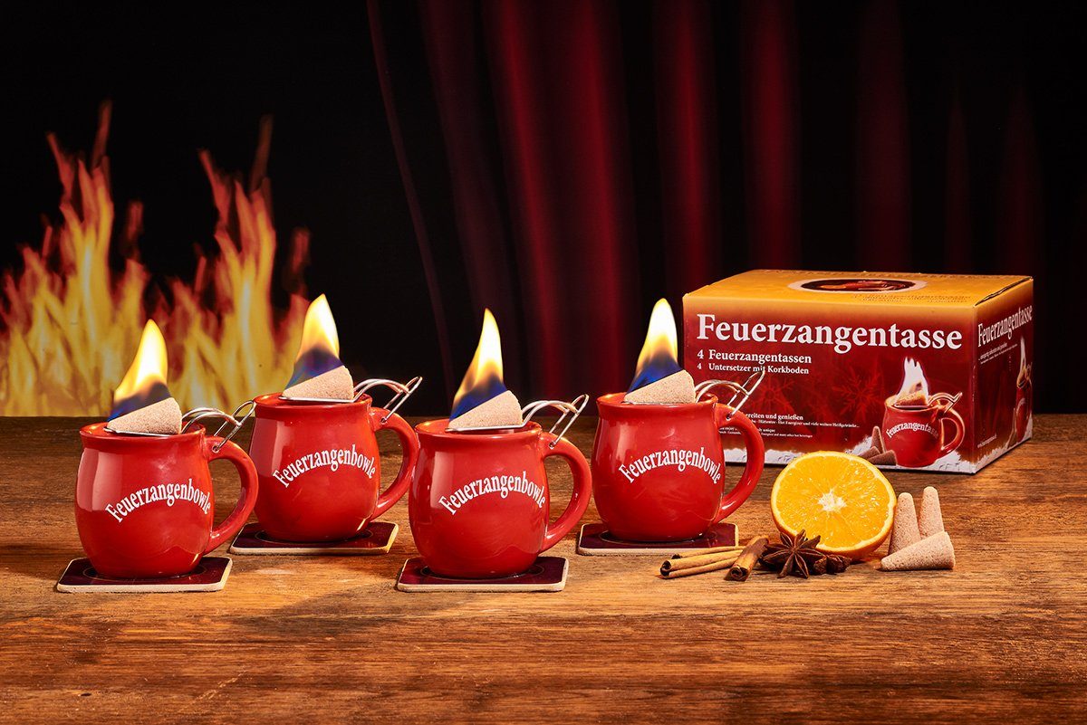 Feuerzangentasse Bowle-Set Feuerzangentasse 4er-Set (Feuerzangenbowle Set, 9-tlg., 4x Feuerzangentasse, 4x Korkuntersetzer, 1x Rezeptheftchen), hitzebeständige Keramik, Edelstahl-Feuerzange