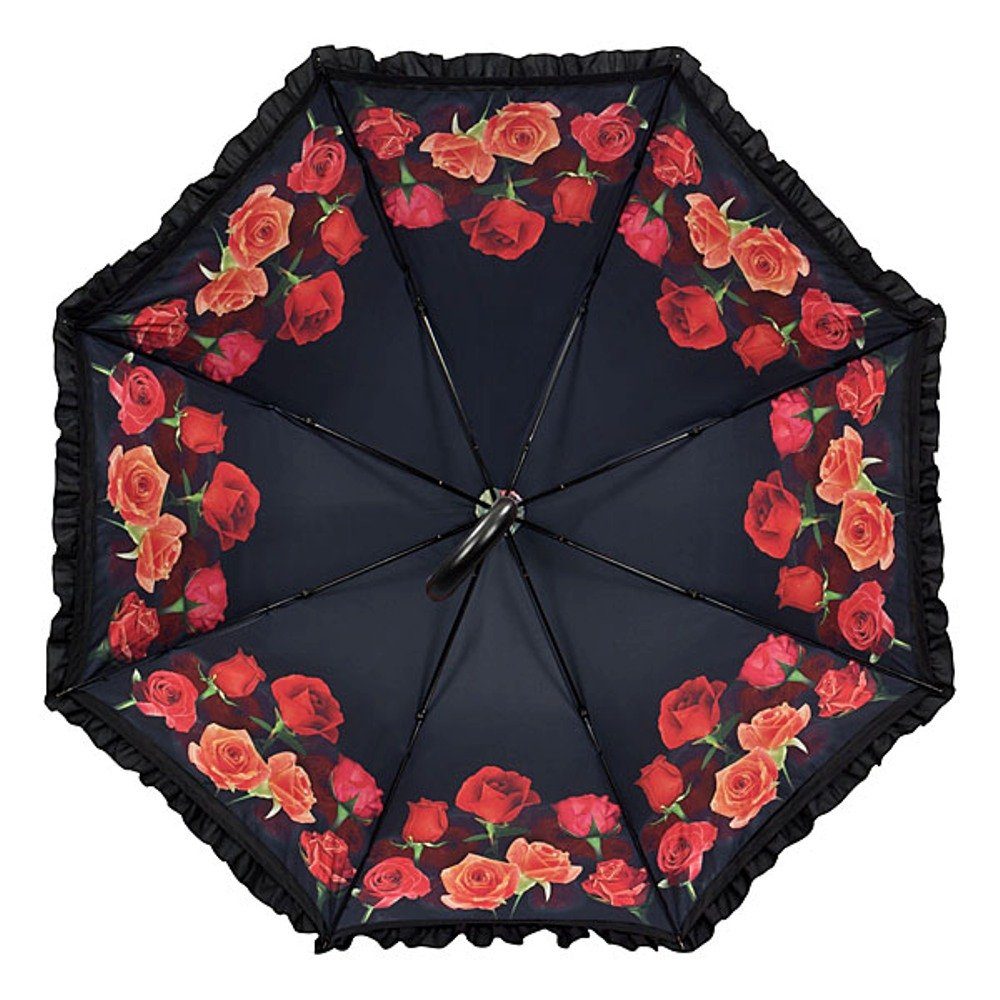 Rüschenkante, bespannt Motiv doppelt von schwarz, außen Blumen Lilienfeld Rosenbouquet Doppelt Stockregenschirm bespannt