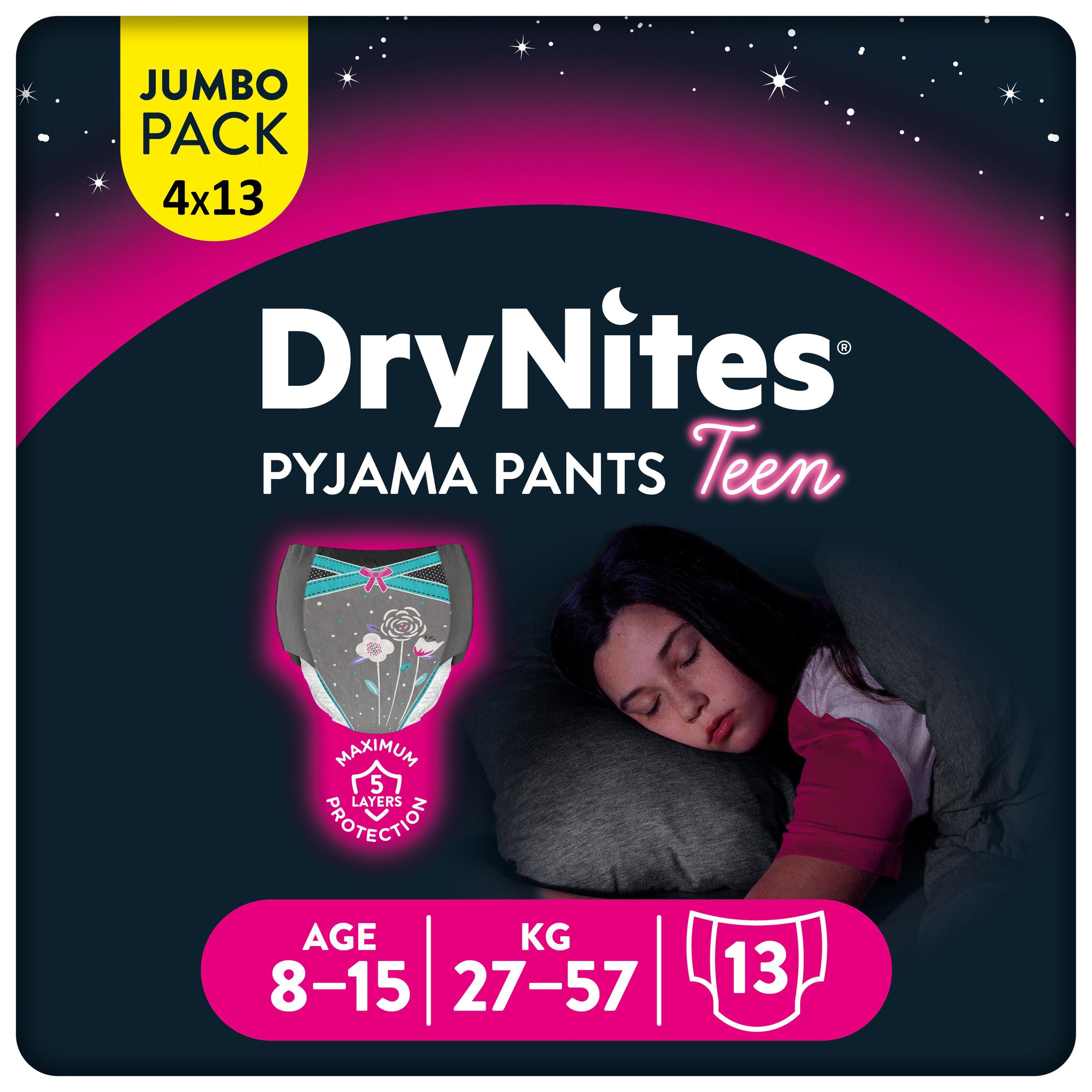 HUGGIES Windeln DryNites Nacht-Windeln Mädchen 8-15 J. (27-57 kg), 52 Stk, Inkontinenz (Vorratspack, 52 Windeln), Windelhose