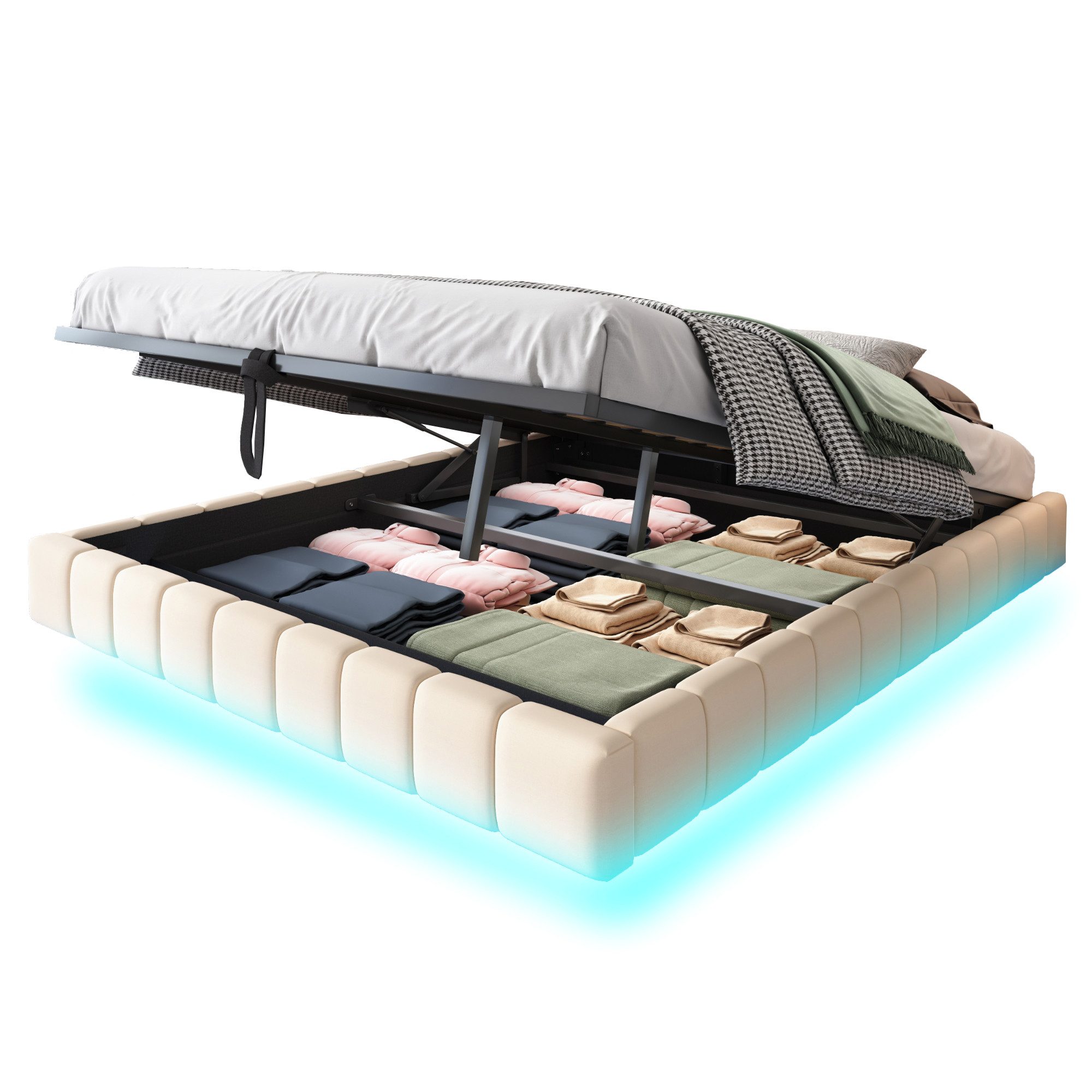 Ulife Polsterbett Doppelbett, Hydraulischer Schwebebettrahmen mit Stauraum (Ohne Matratze), ohne Kopfteil mit LED-Licht, 160x200cm
