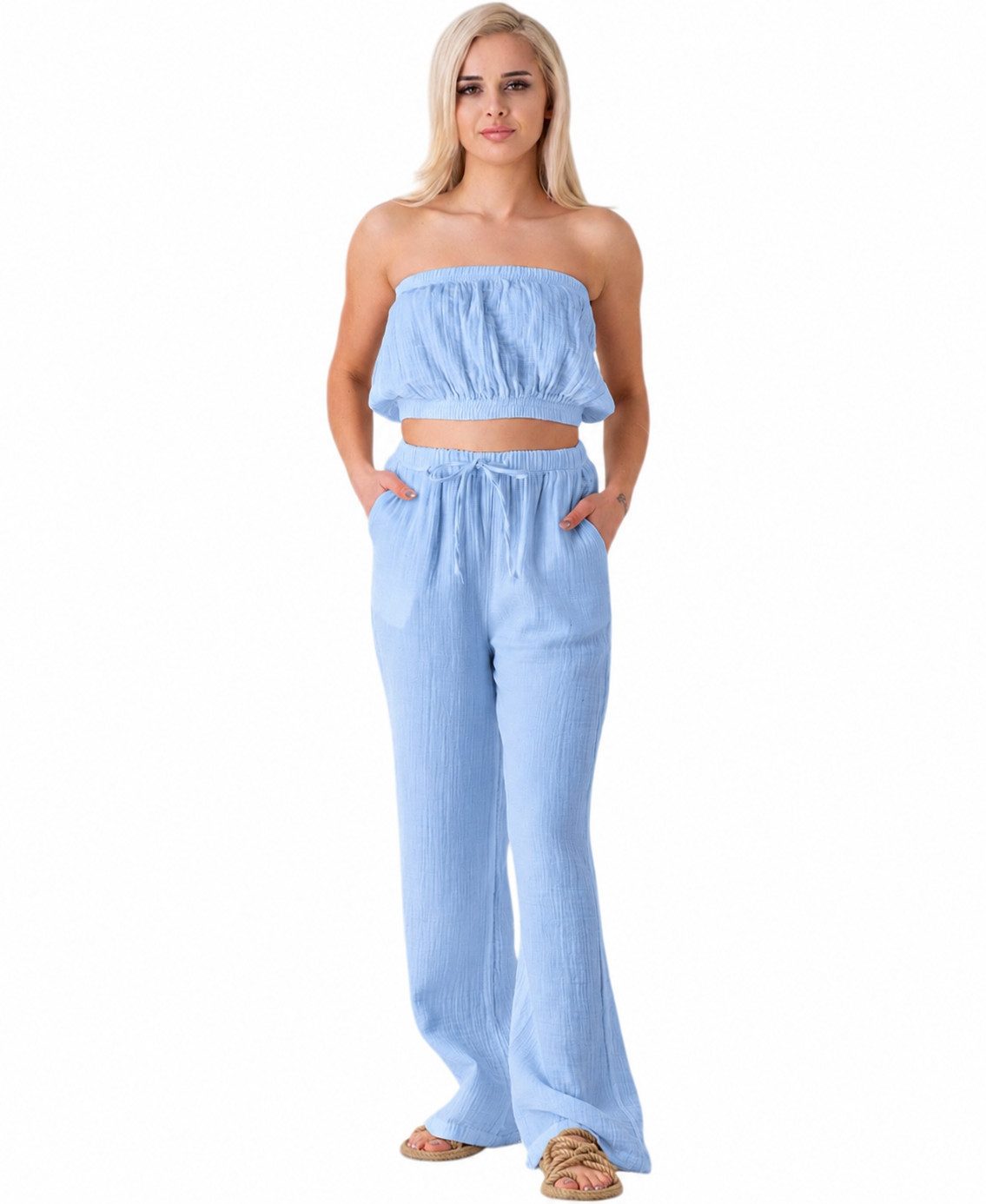 WENOR Palazzohose Damen Musselin-Hose - Sommerhose 100 % Baumwolle, elastischer Bund Weiter Beinverlauf, Musselinstruktur, luftiger Schnitt
