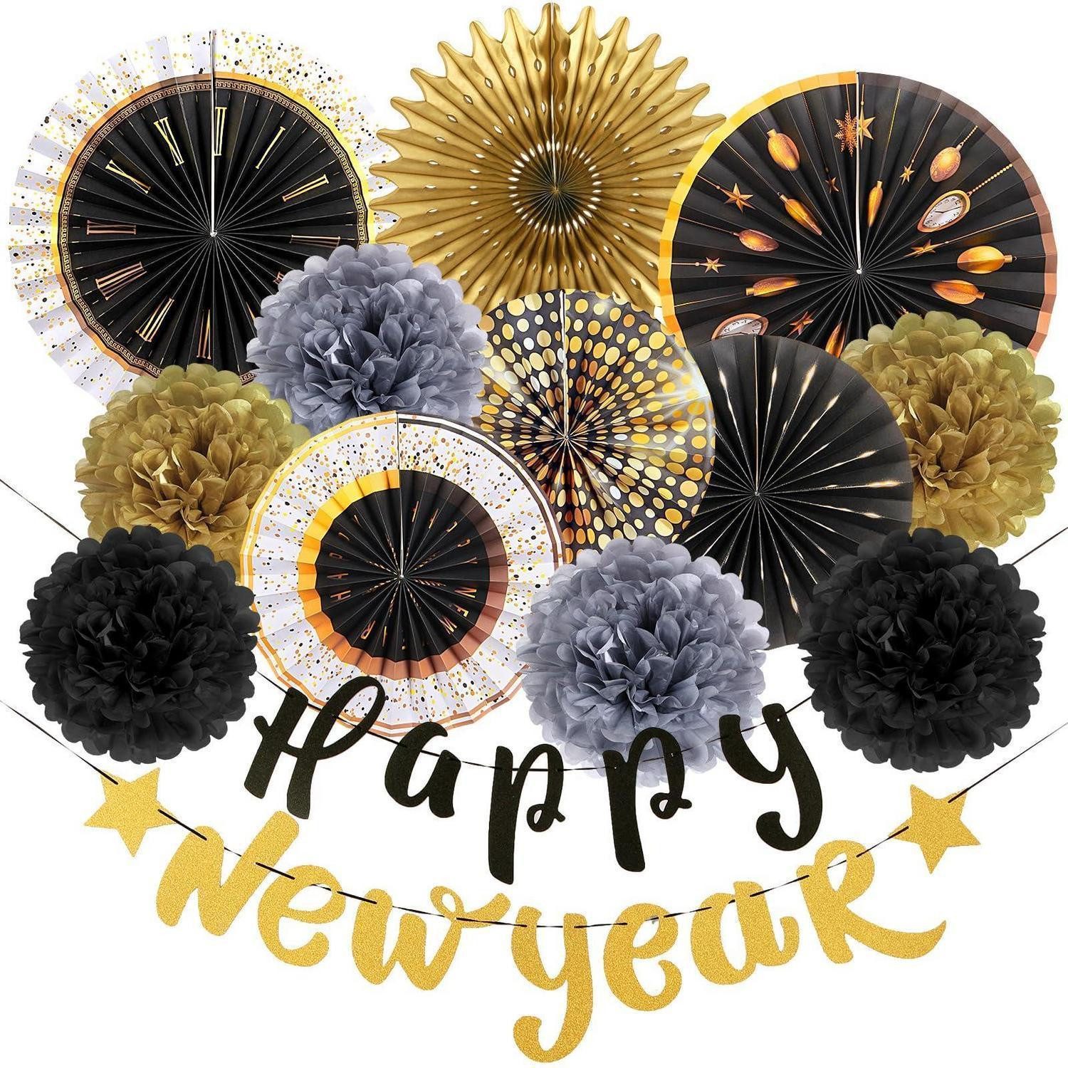 LuxusKollektion Girlande Silvester Deko Set Gold Schwarz Girlande Fächer Pompons