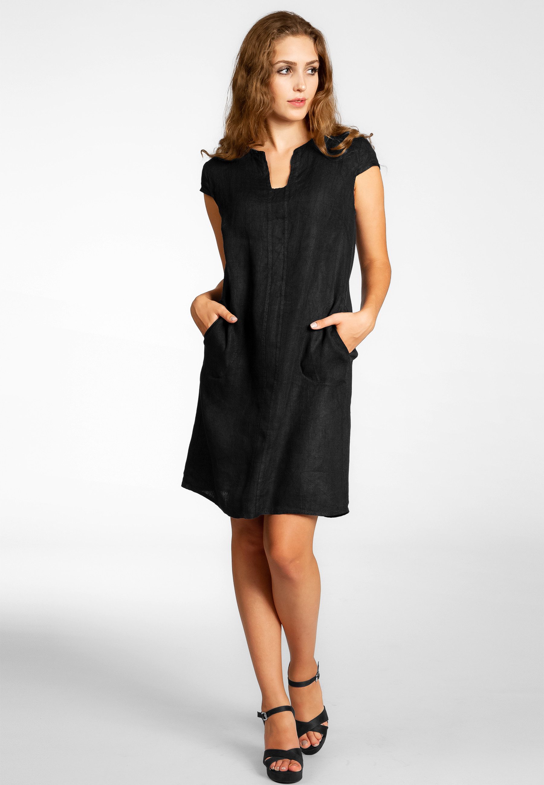 Caspar Sommerkleid Caspar SKL036 Damen Sommer Leinenkleid mit ausgefallenem Ausschnitt Luftig leicht, figurumspielende Form, mit seitlichem Jersey-Einsatz