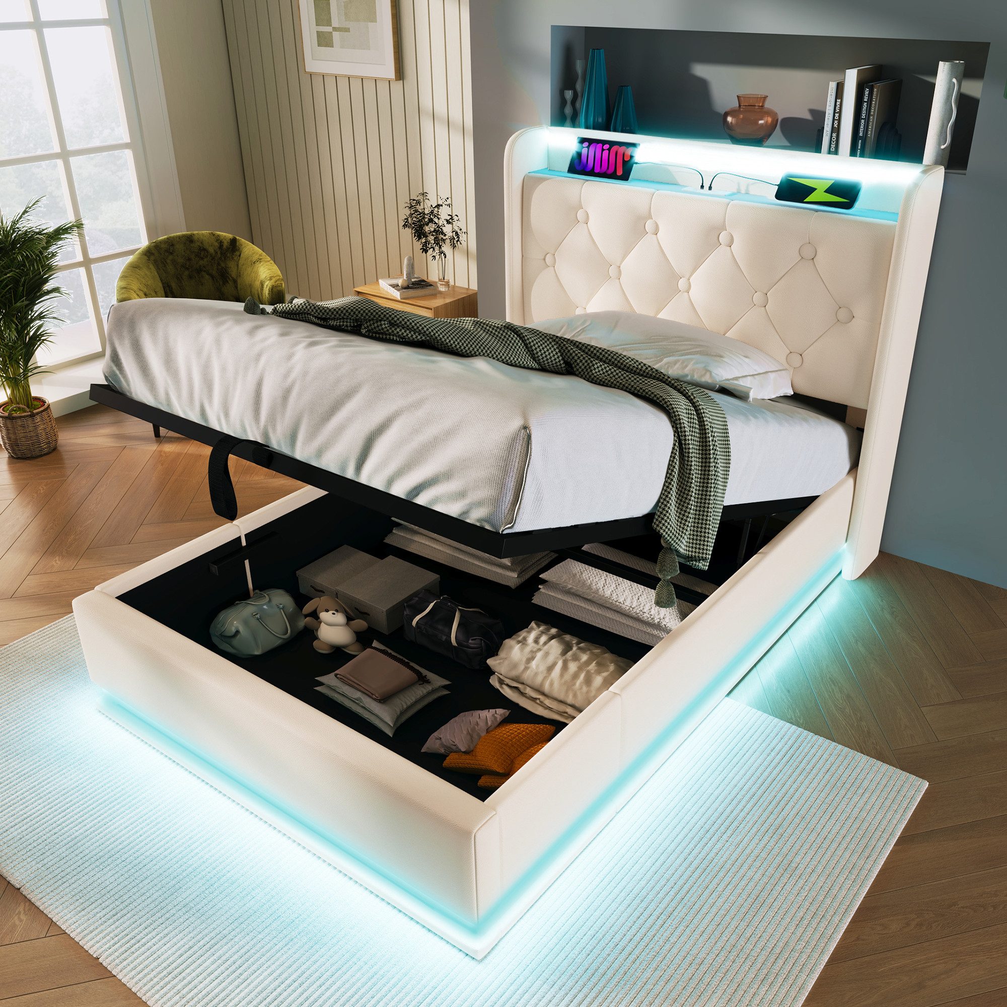 HAUSS SPOLE Polsterbett 90x200cm mit LED-Beleuchtung, Ladefunktion weiß PU Ohne Matratze (Stauraumbett, Funktionsbett, Lagerbett, mit USB Typ-C Ladefunktion, 90*200cm, ohne Matratze), mit 360-Surround-LED-Funktion, Drucktaste/App/Fernbedienung