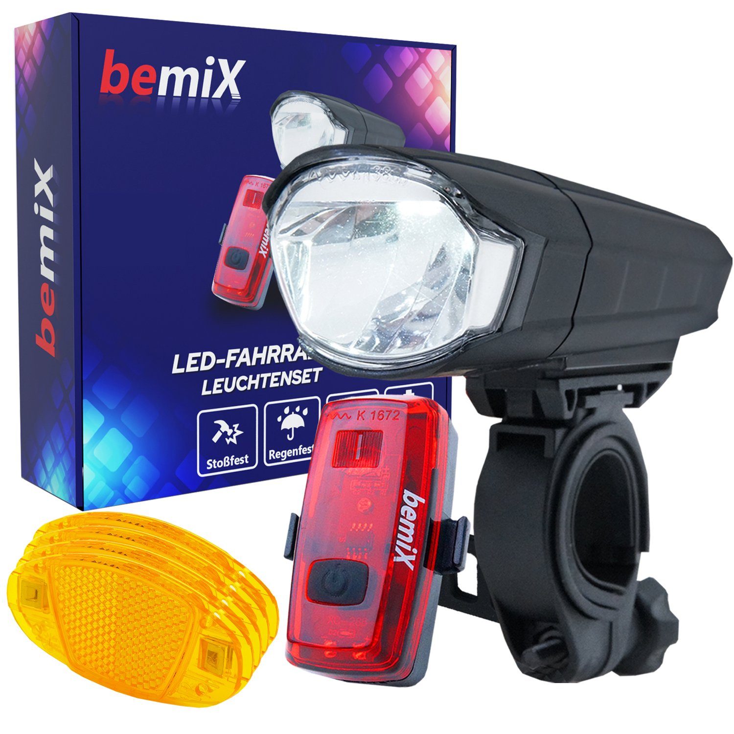 bemiX Fahrradbeleuchtung LED Fahrradlicht-Set StVZO Frontlicht & Rücklicht Speichenreflektoren, Helle LEDs, Fahrradleuchten IPX4 wasserfest, inkl. 4 Katzenaugen