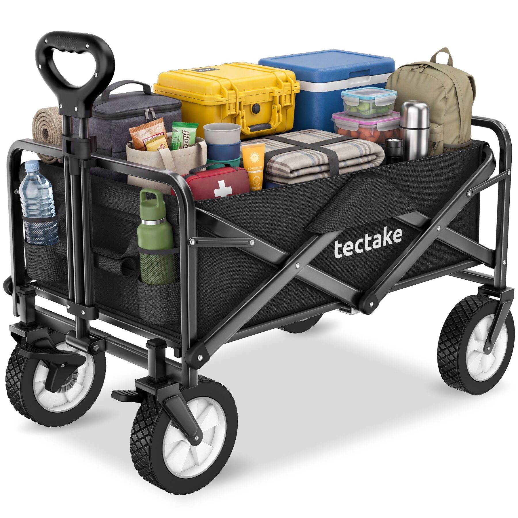 tectake Bollerwagen Faltbarer Handwagen Leon mit Bremsen, Belastbarkeit 80kg (1 Transportwagen, 1-tlg., 97L Volumen in Schwarz), faltbar