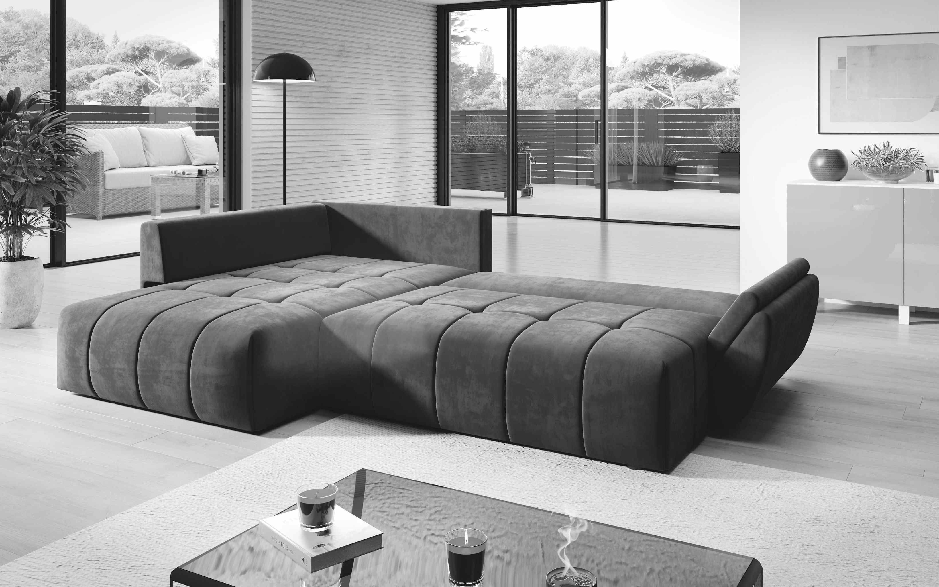 mit L-Form Furnix Braun BEYLAN Bettkasten made 280 pflegeleicht, Polstercouch in 190 Schlafsofa in cm, Gold x 71/91 x Ecksofa MH48 Europe Kissen, und